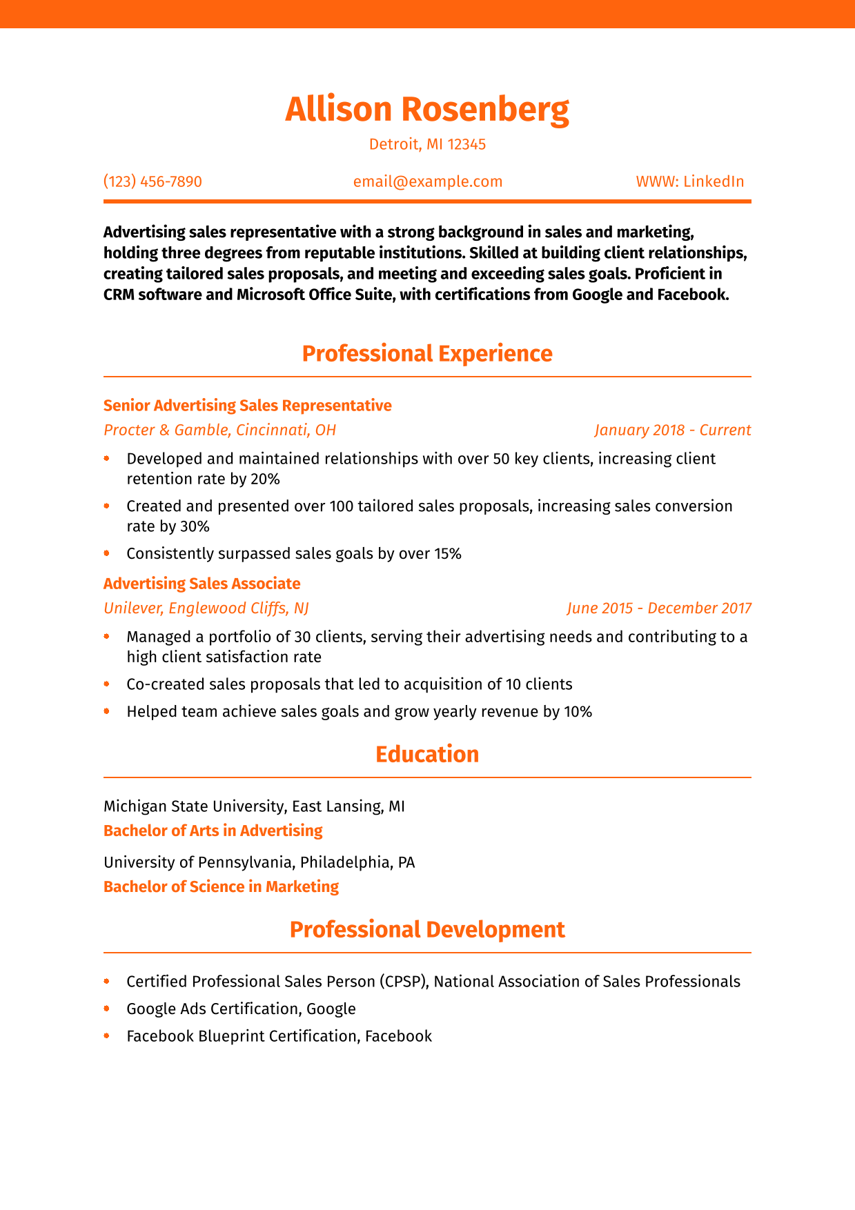 Advertising Sales Representative Resume Example