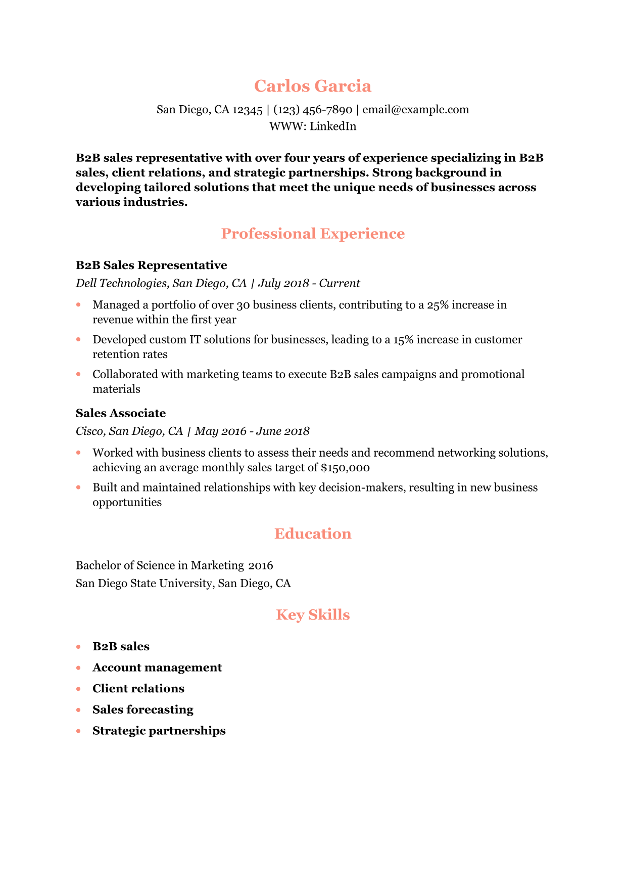 B2B Sales Representative Resume Example