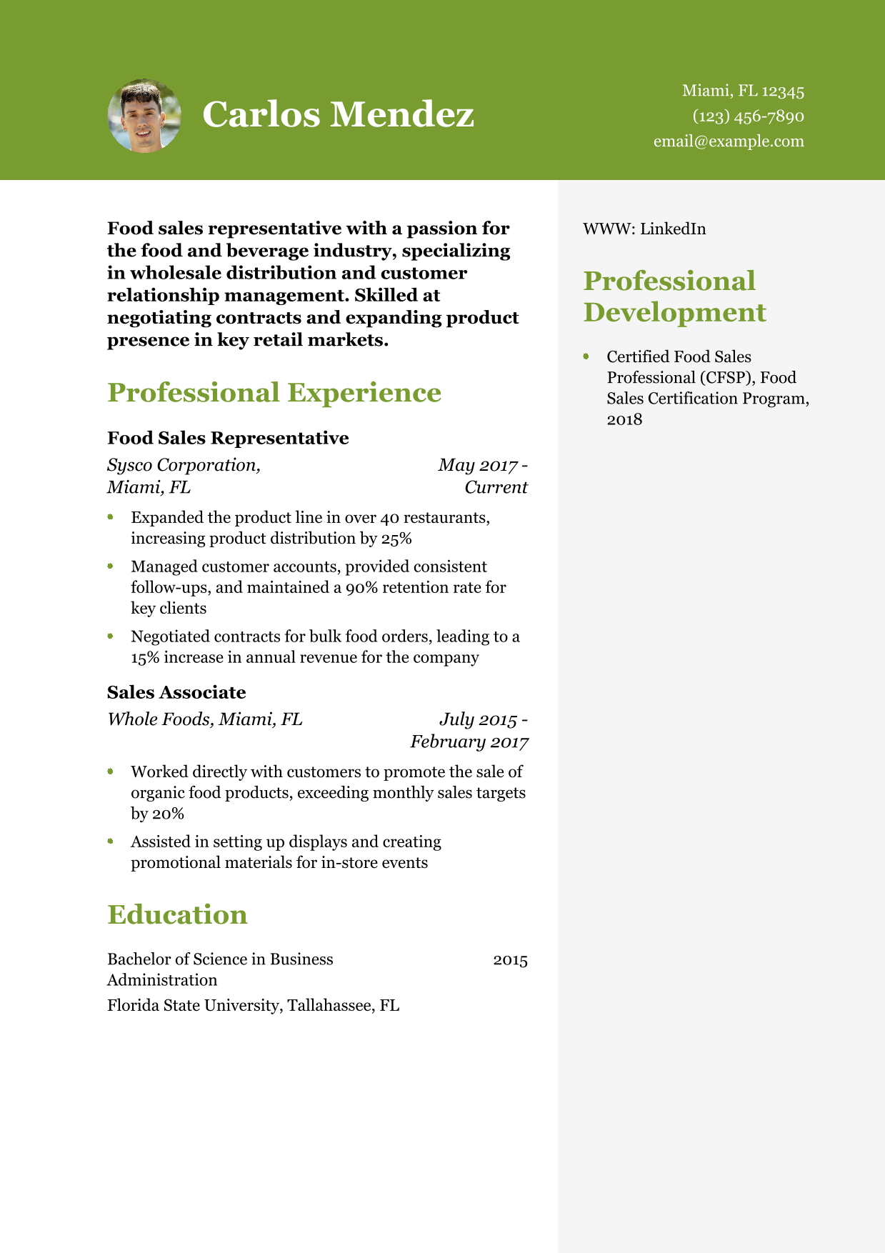 Food Sales Representative Resume Example
