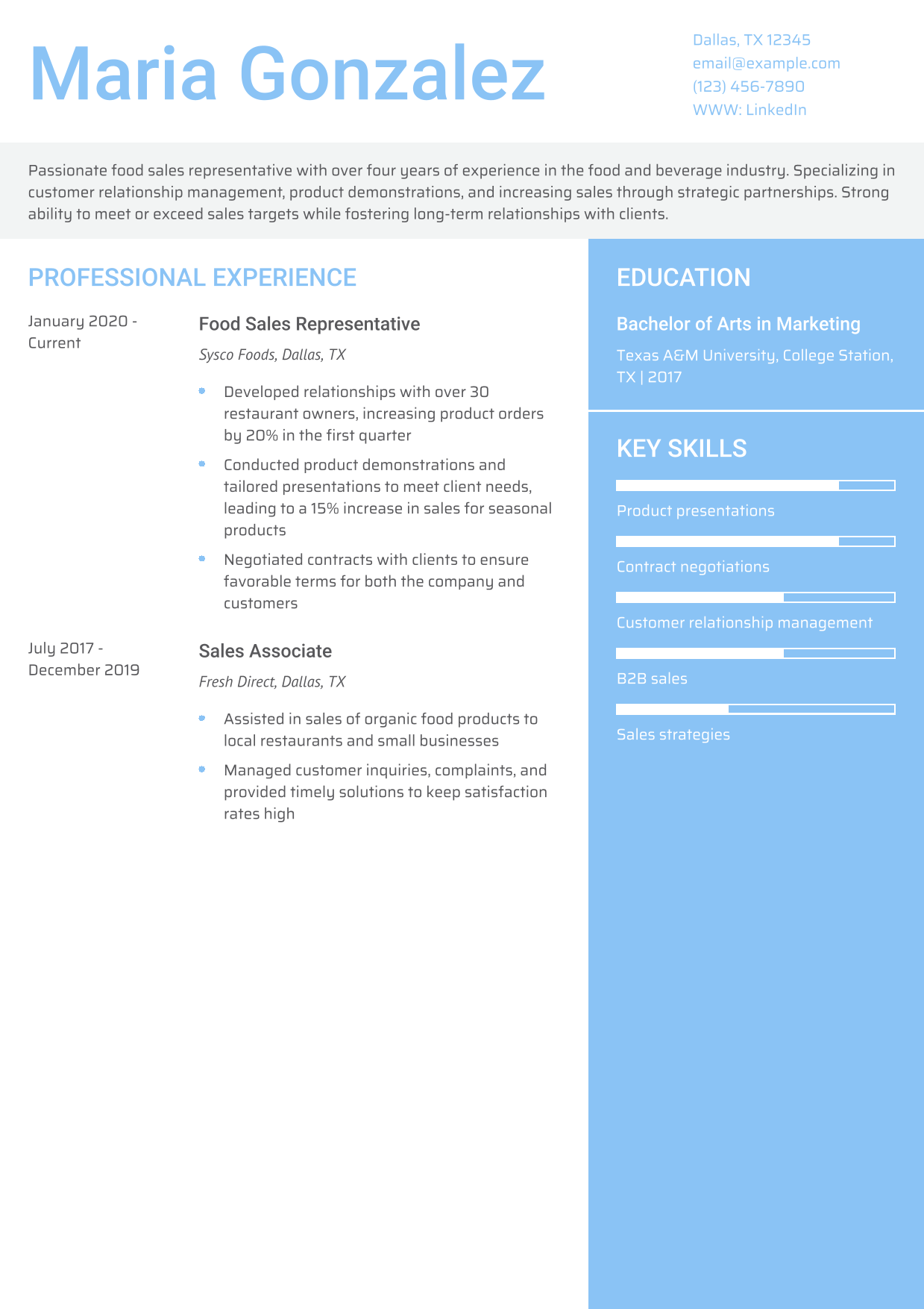 Food Sales Representative Resume Example 2