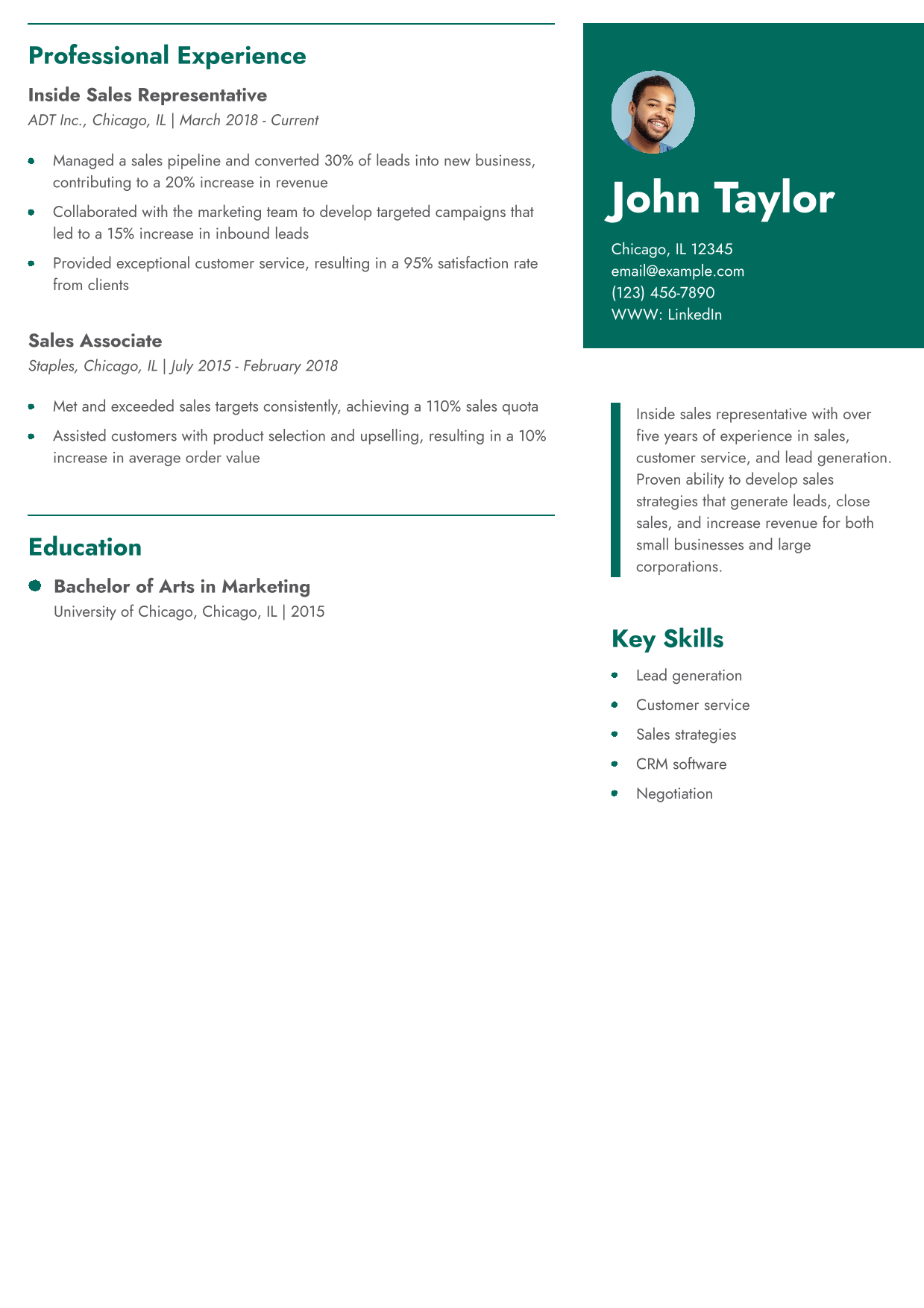 Inside Sales Representative Resume Example 2