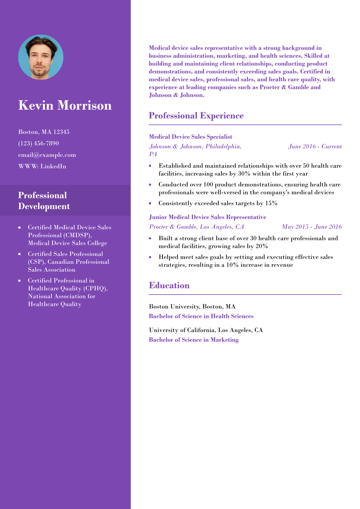 Medical Device Sales Representative Resume Example