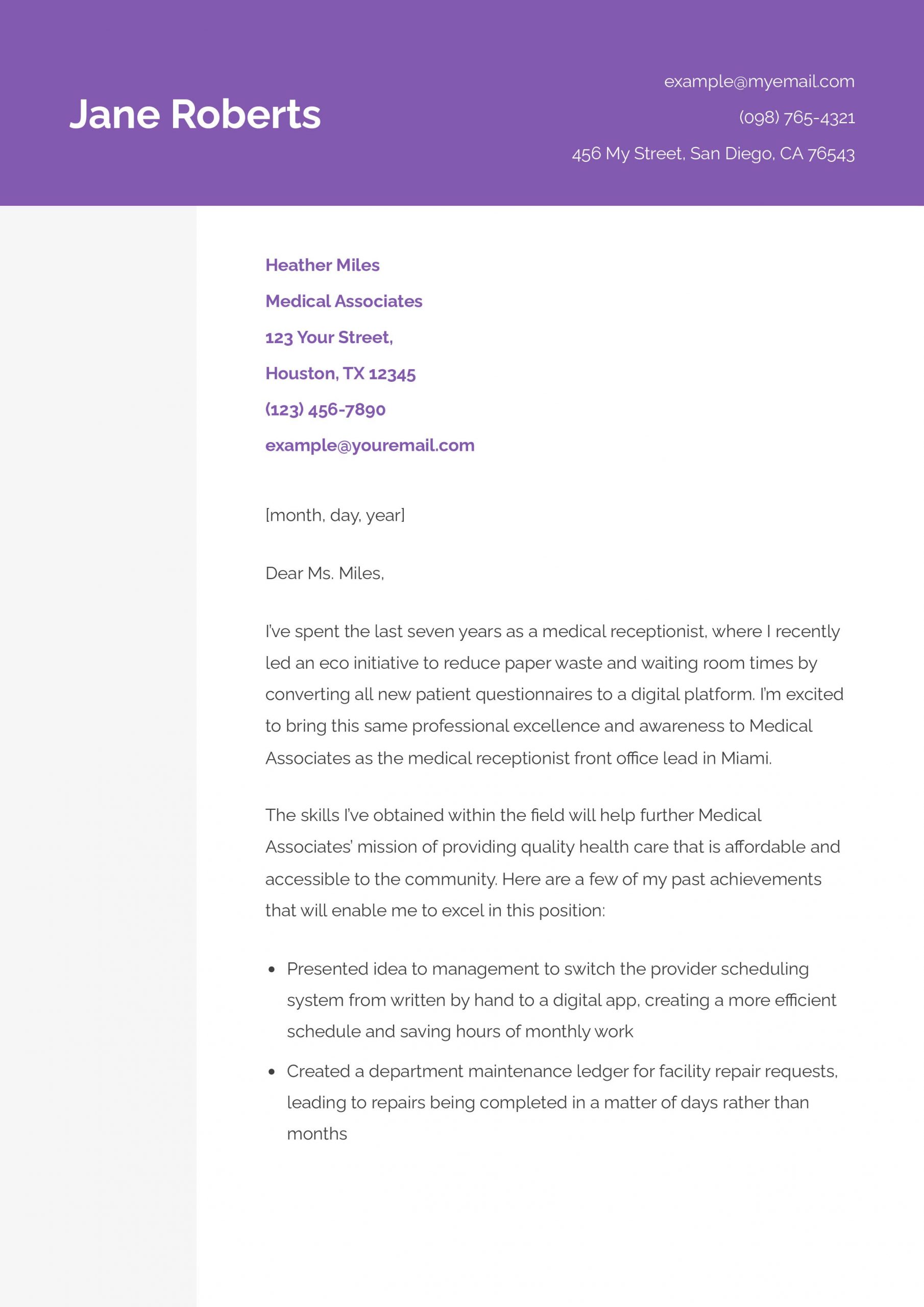 Medical Receptionist Cover Letter Examples and Templates for 2025