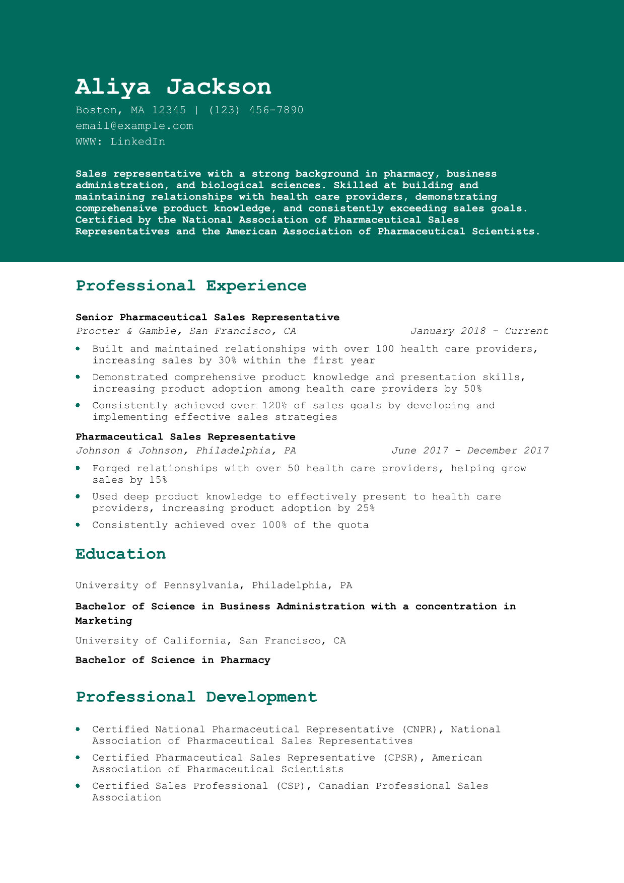 Pharmaceutical Sales Representative Resume Example