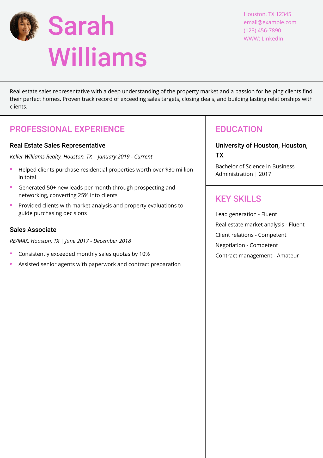 Real Estate Sales Representative Resume Example