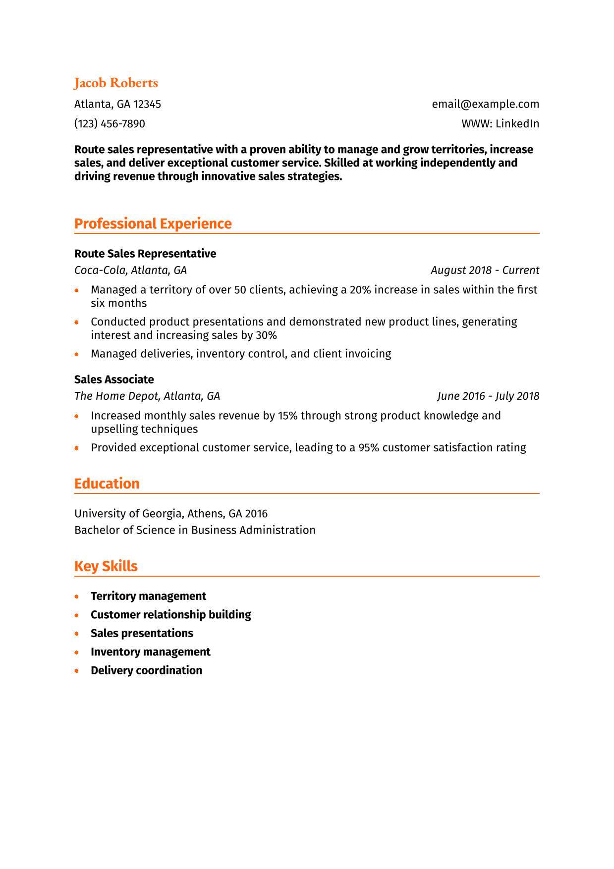 Route Sales Representative Resume Example
