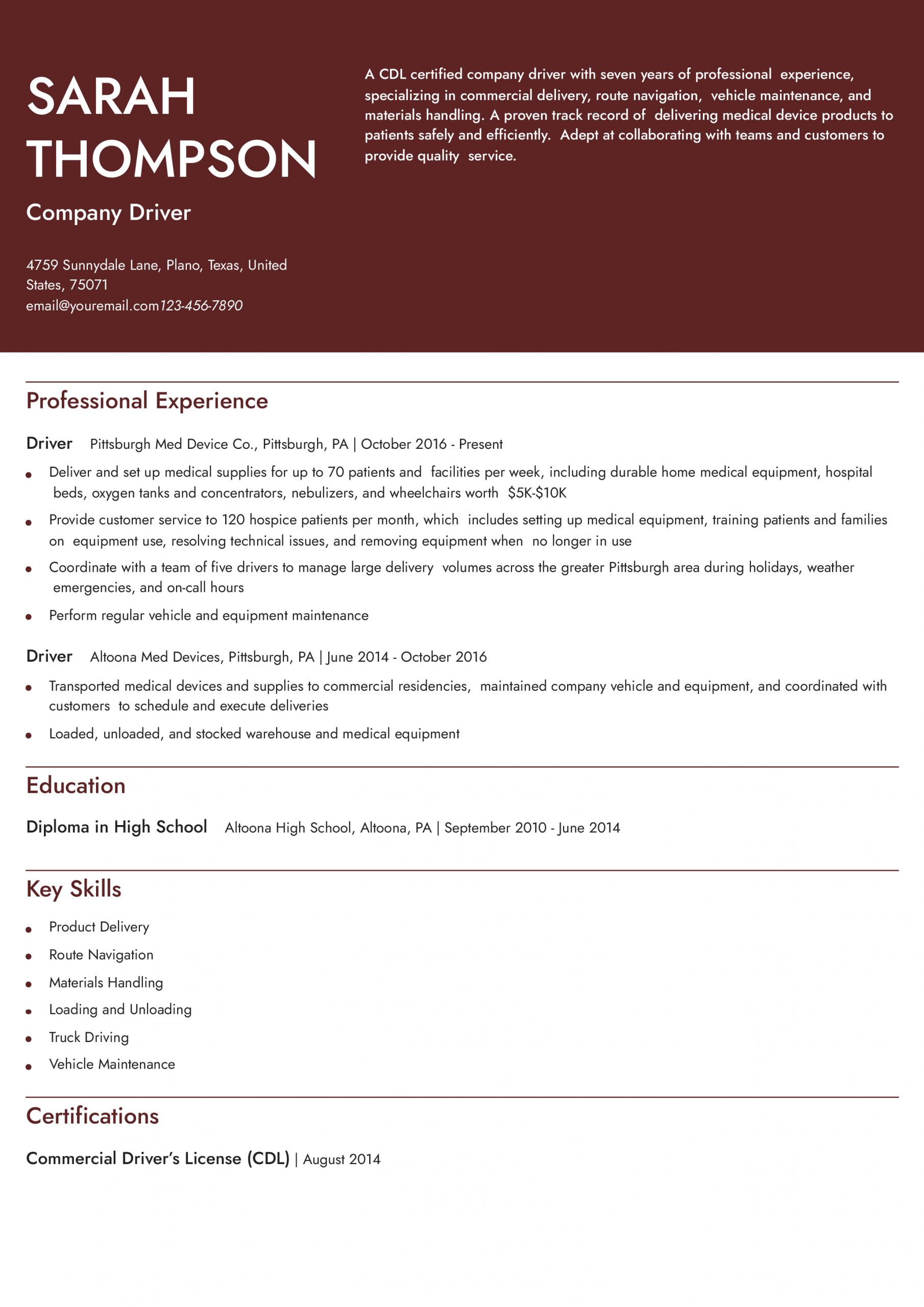Company Driver Resume Examples and Templates for 2025