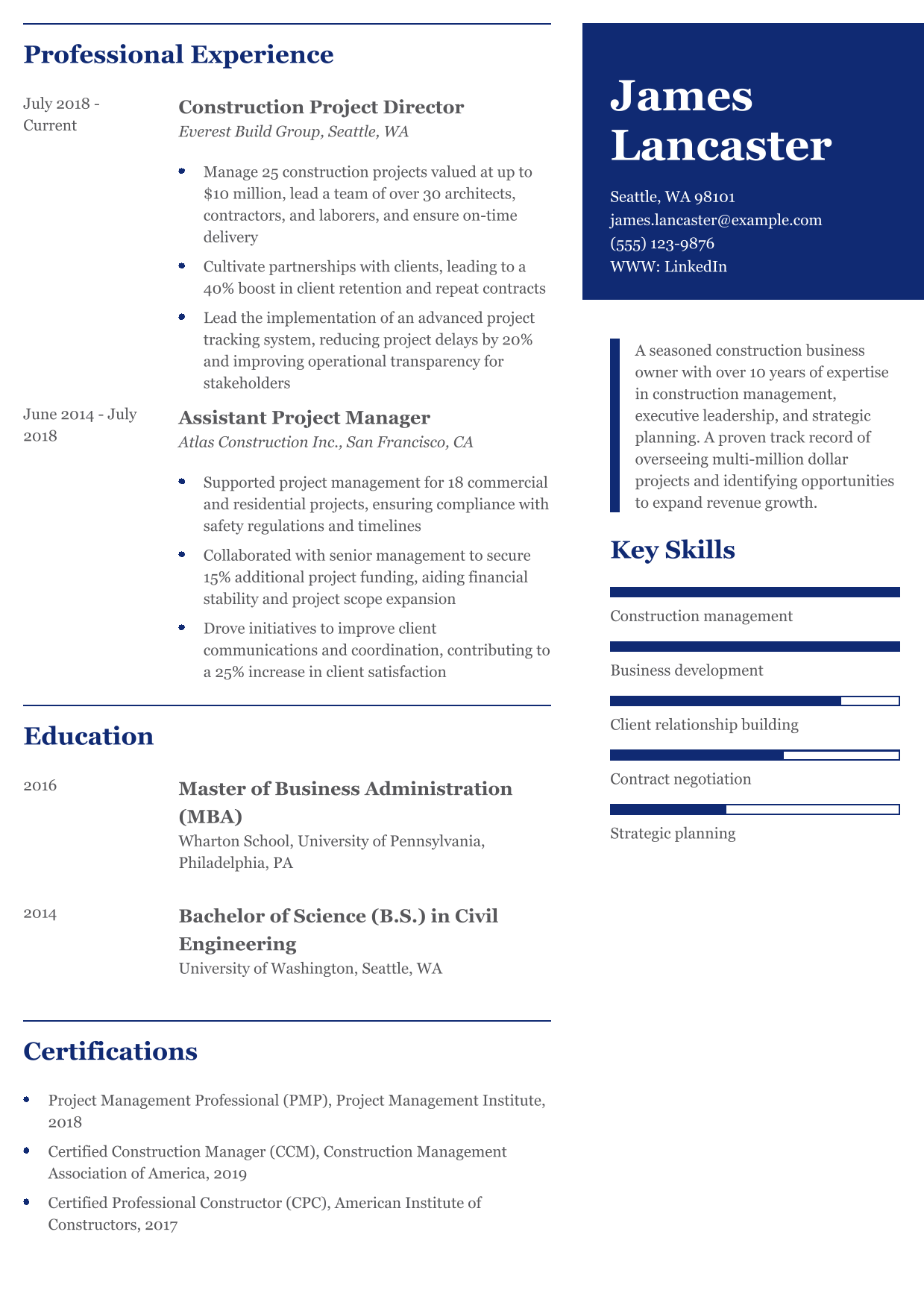 Construction Business Owner Resume Example
