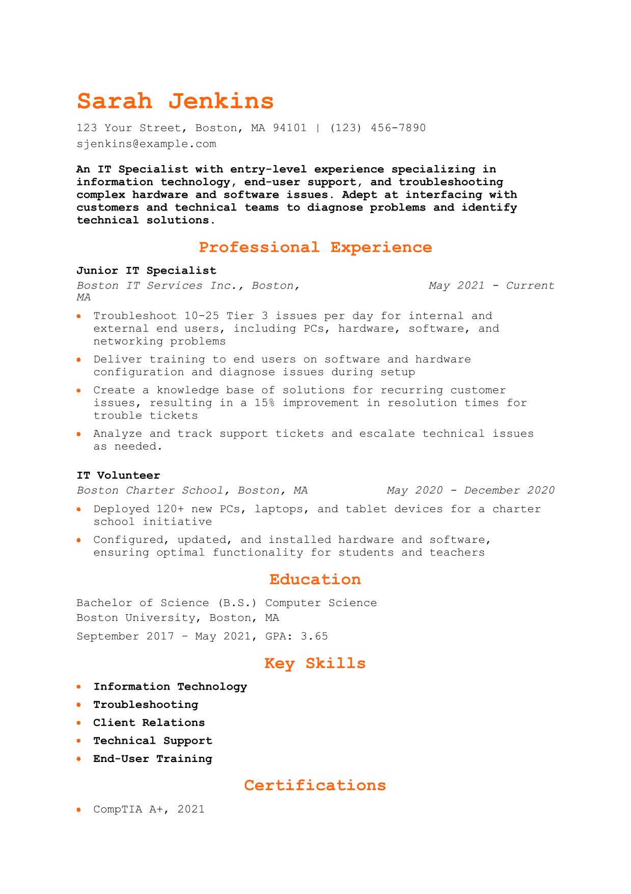 Entry-Level IT Specialist Resume Example