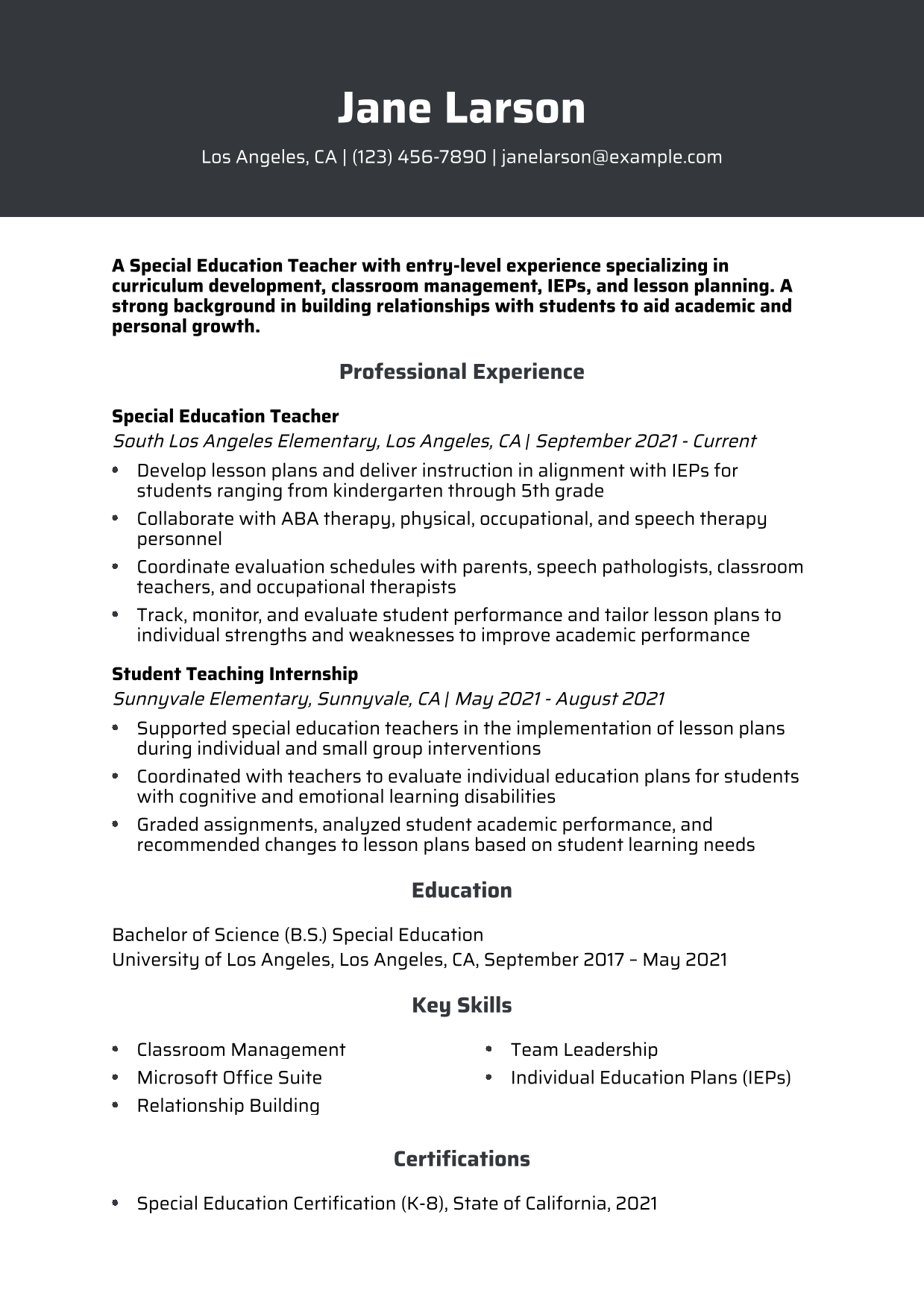 Entry-Level Special Education Teacher Resume Example 1