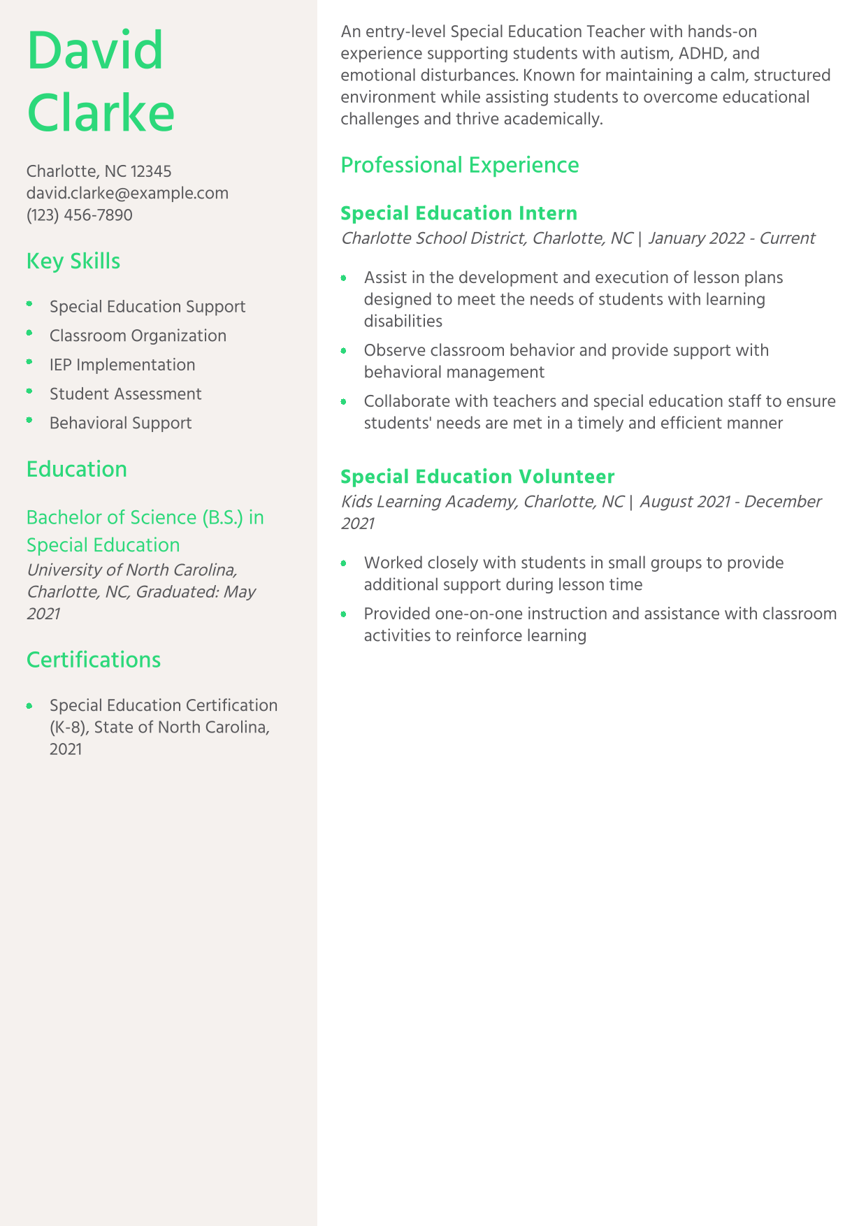 Entry-Level Special Education Teacher Resume Example 2