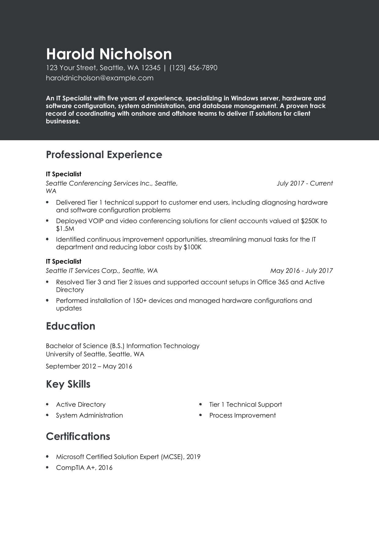 IT Specialist Resume Example