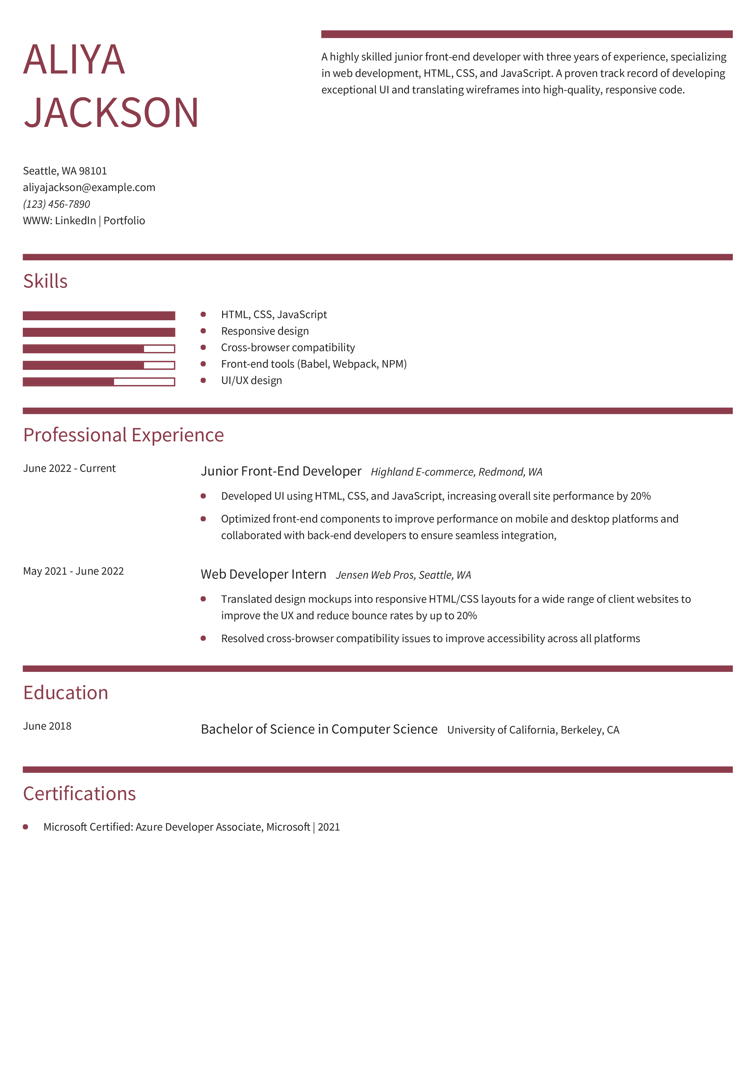 Junior Front End Developer Resume Example