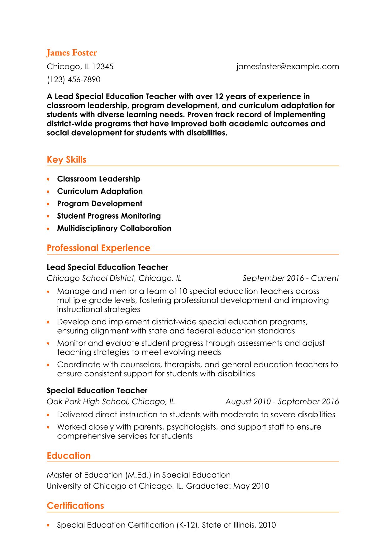Lead Special Education Teacher Resume Example