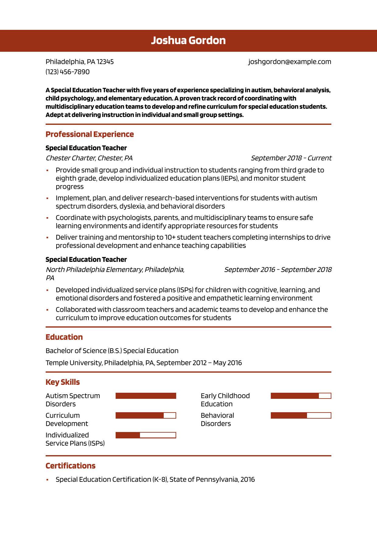 Mid-Career Special Education Teacher Resume Example
