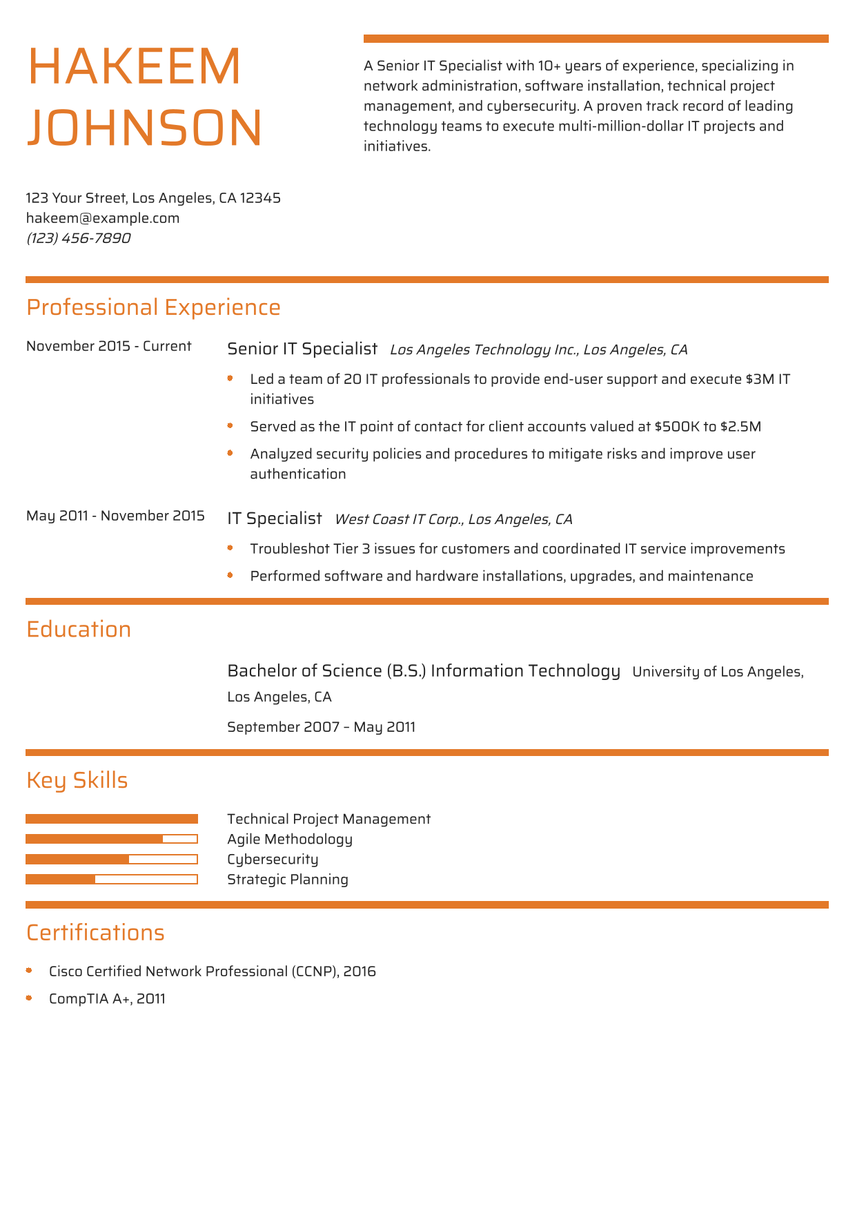 Senior IT Specialist Resume Example