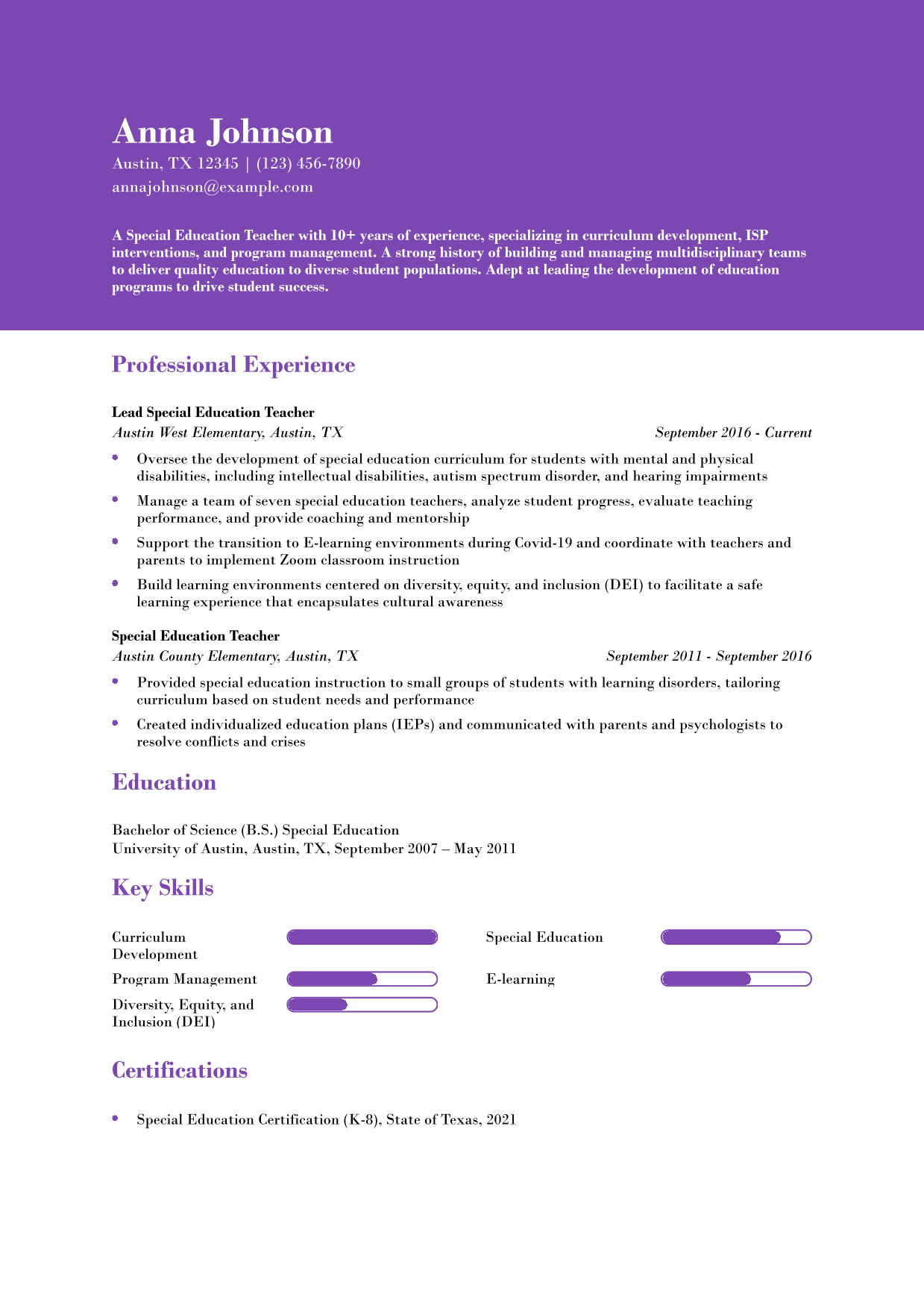 Senior Special Education Teacher Resume Example