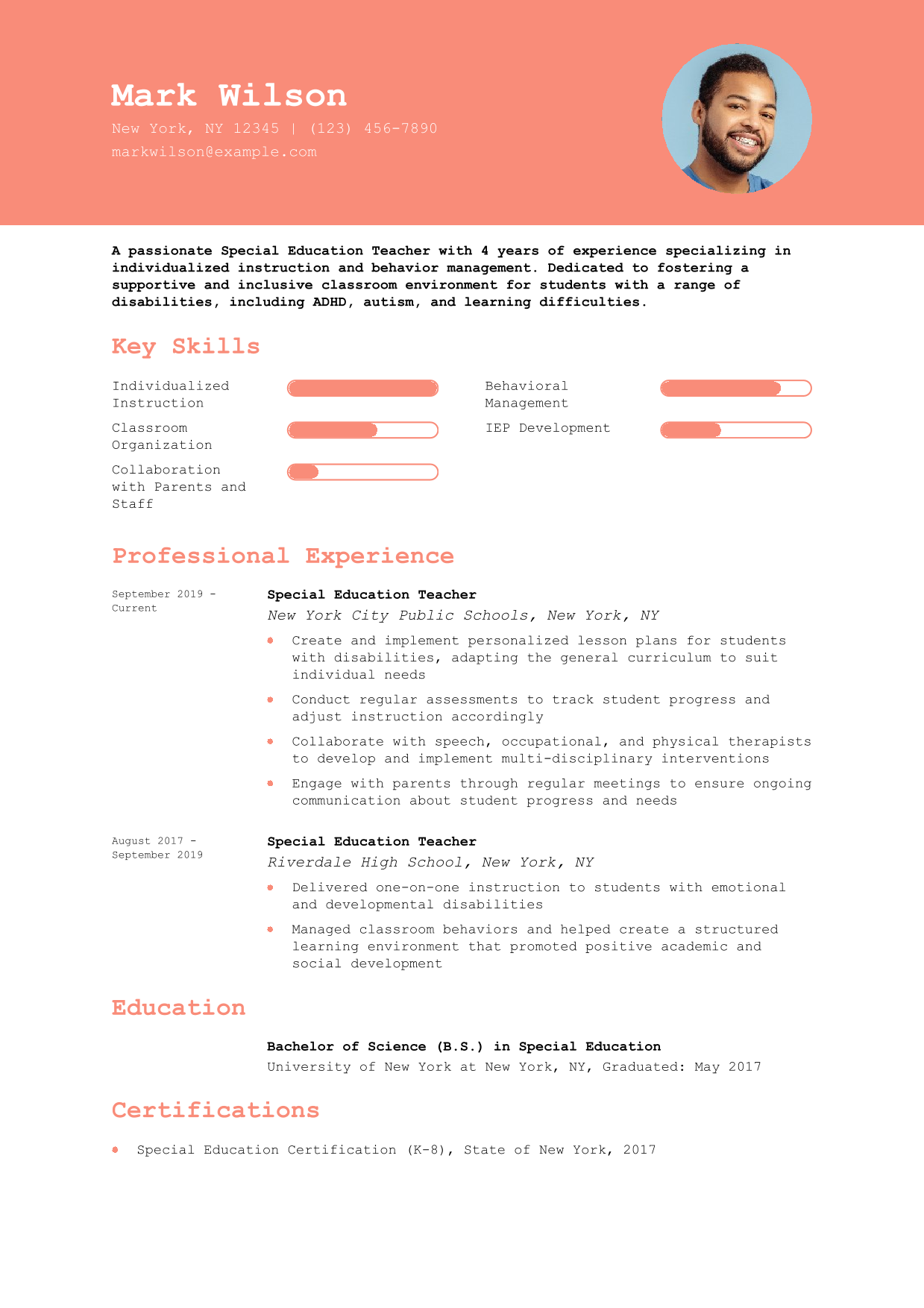 Special Education Teacher Resume Example 1