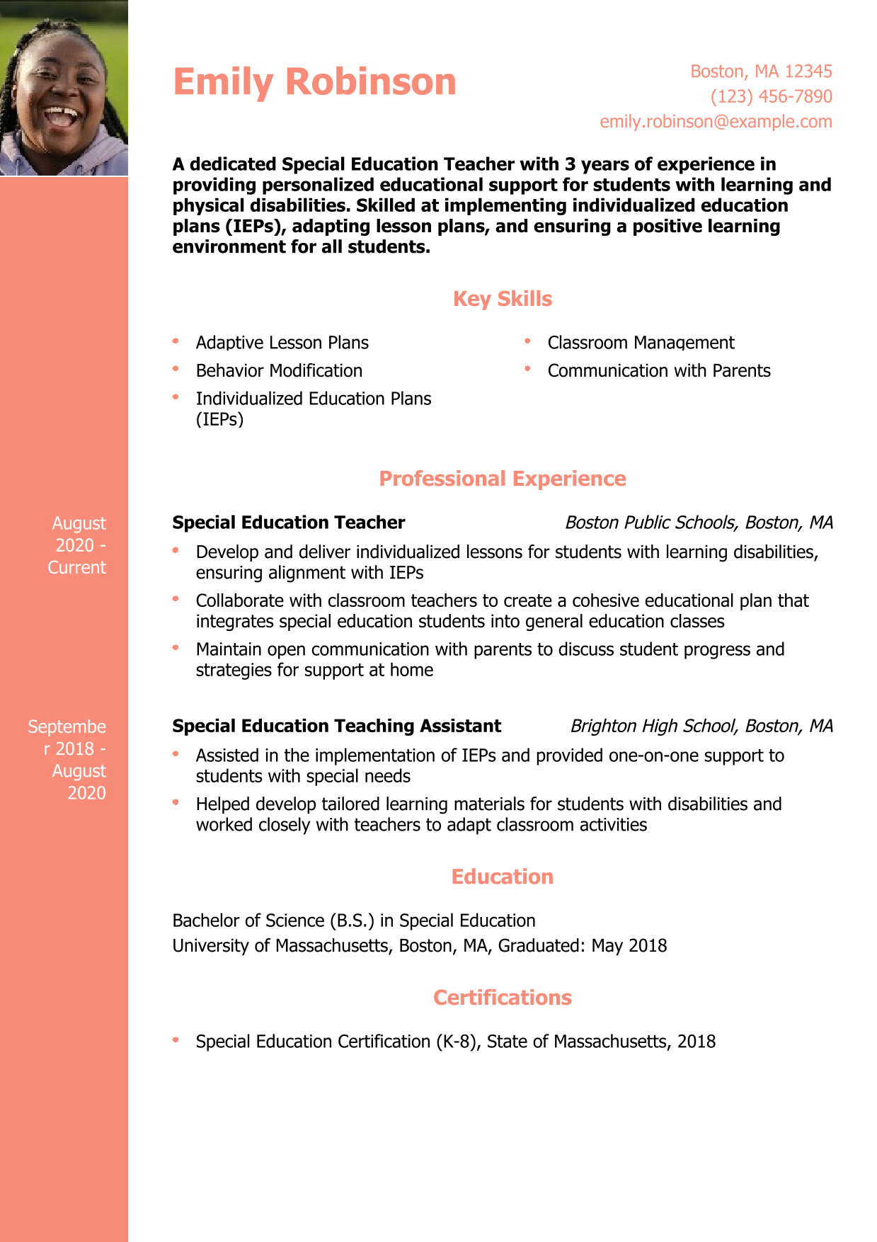 Special Education Teacher Resume Example 2