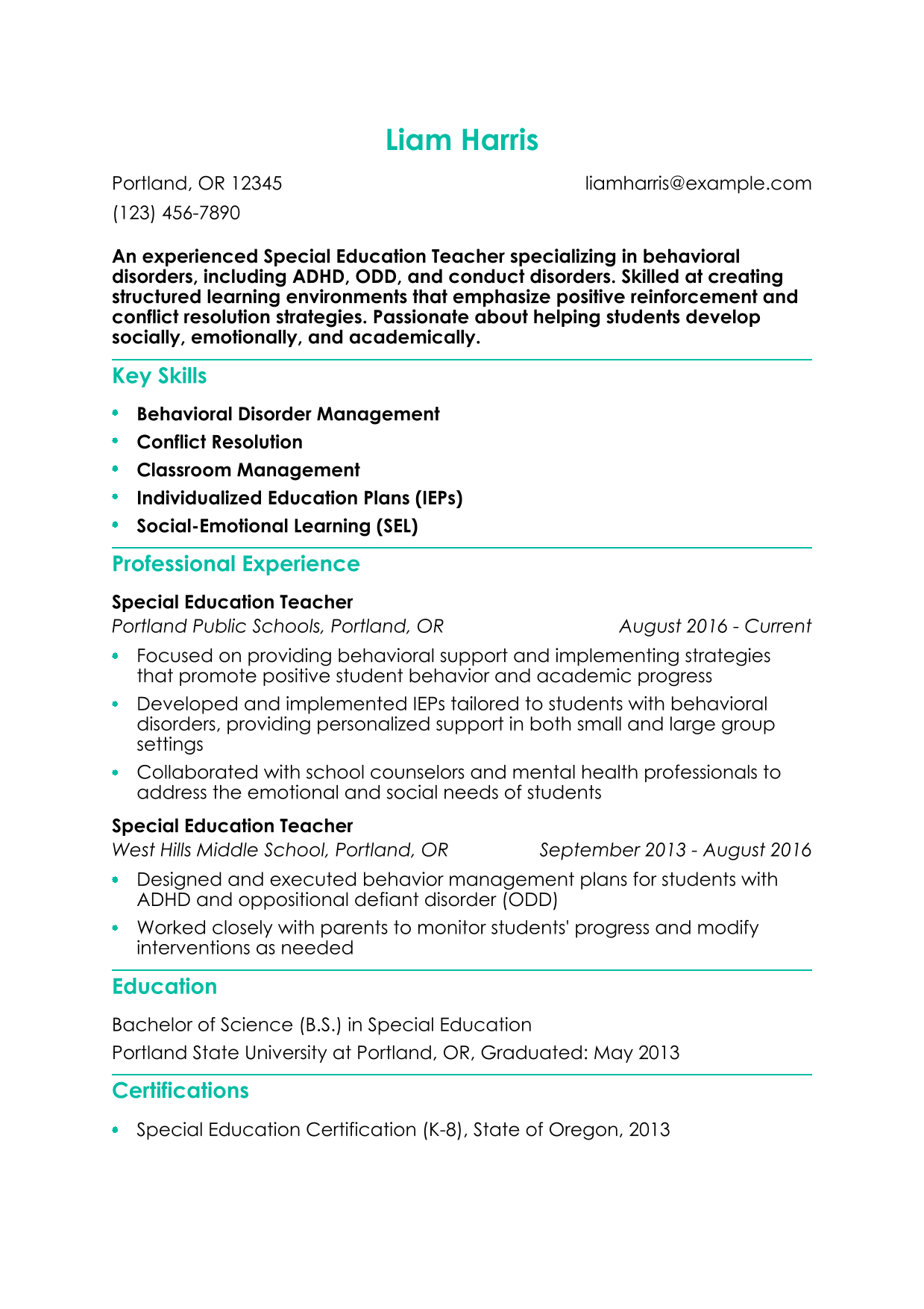 Special Education Teacher for Behavioral Disorders Resume Example