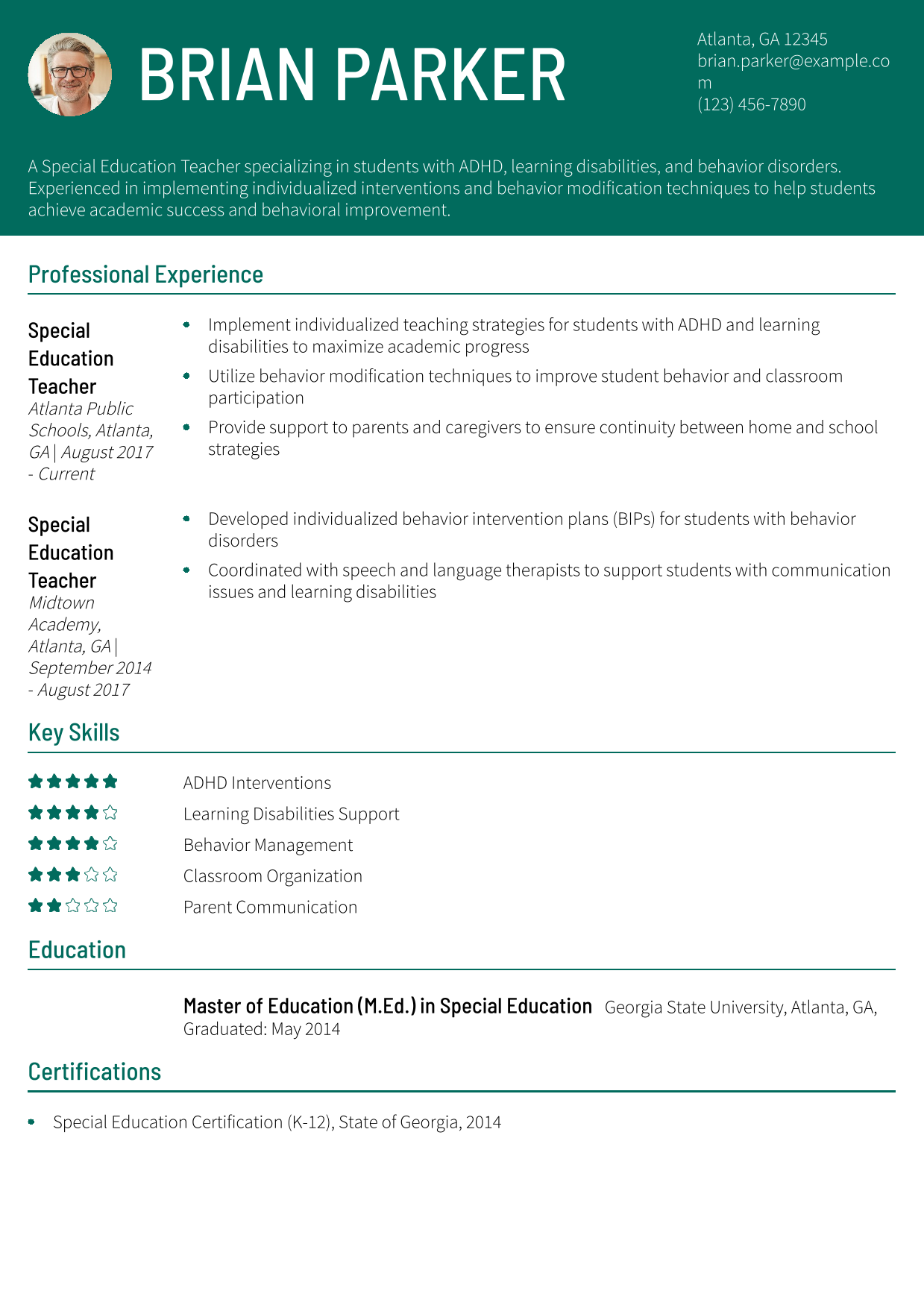 Special Education Teacher with ADHD and Learning Disabilities Expertise Resume Example