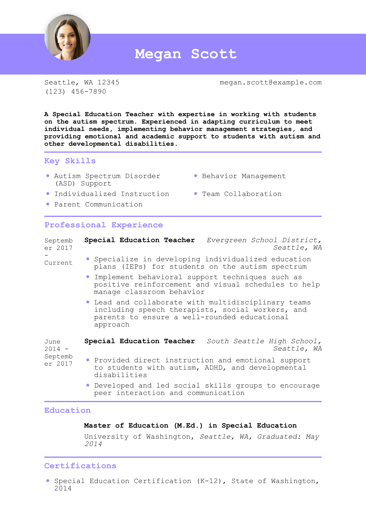 Special Education Teacher with Autism Expertise Resume Example
