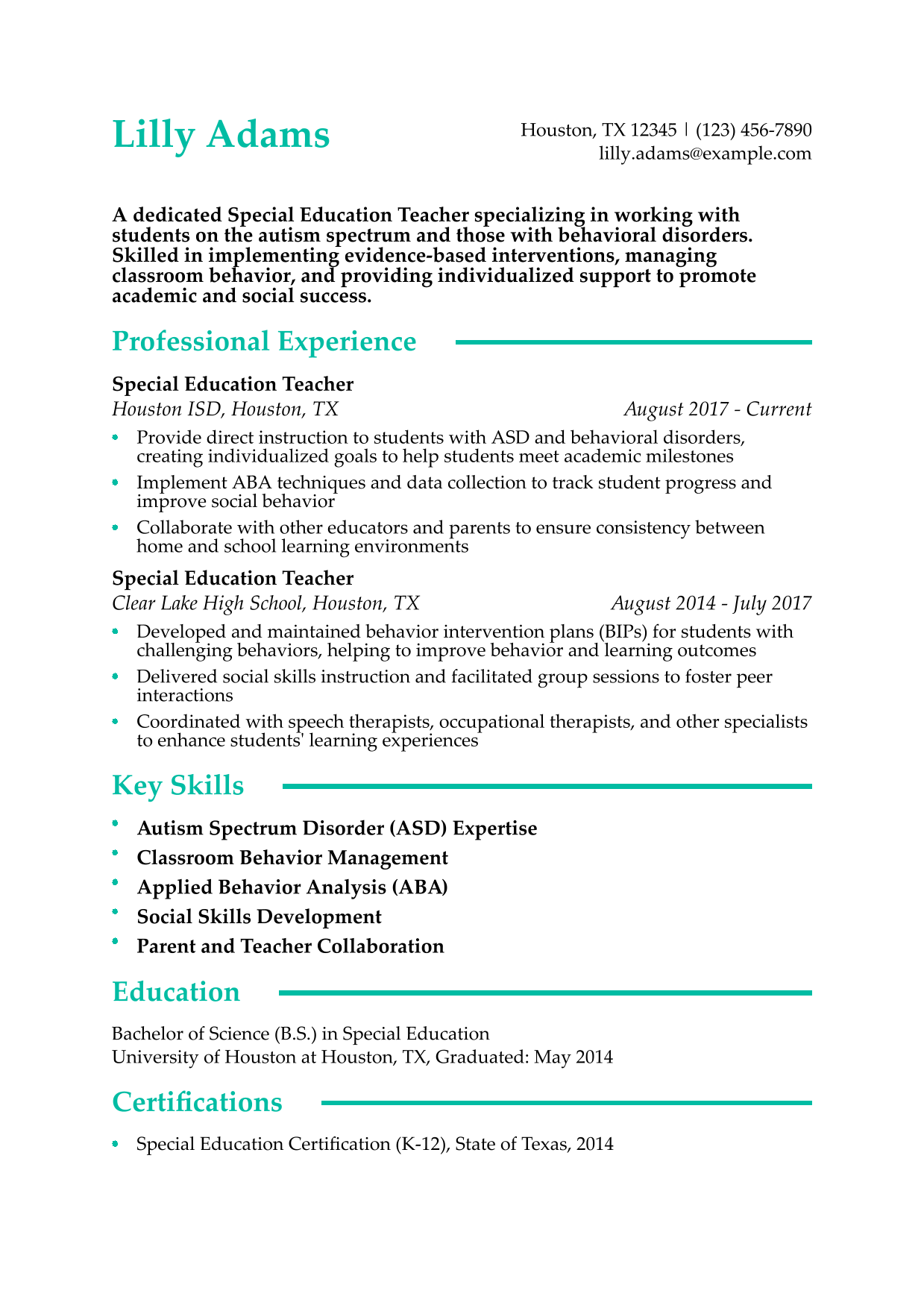 Special Education Teacher with Autism and Behavioral Disorder Expertise Resume Example