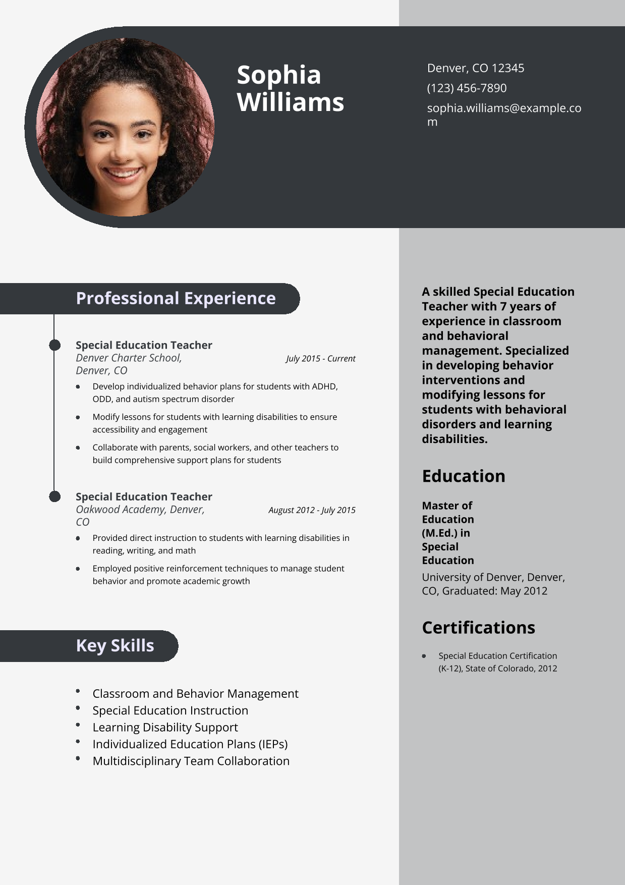 Special Education Teacher with Behavioral Management Experience Resume Example