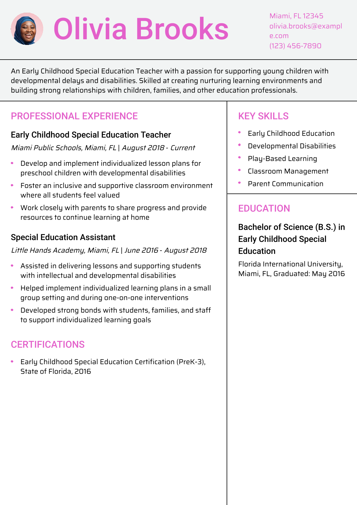 Special Education Teacher with Early Childhood Focus Resume Example