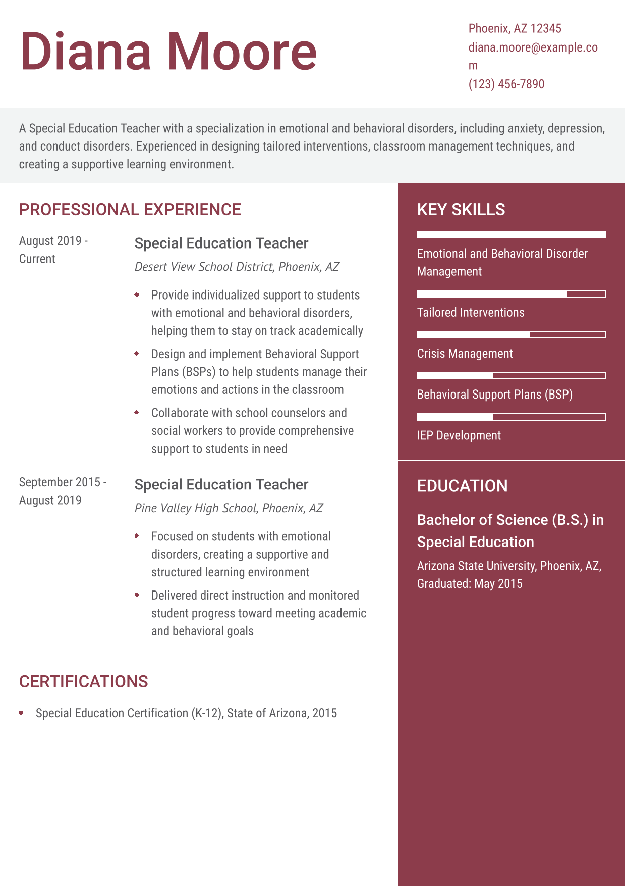 Special Education Teacher with Focus on Emotional and Behavioral Disorders Resume Example