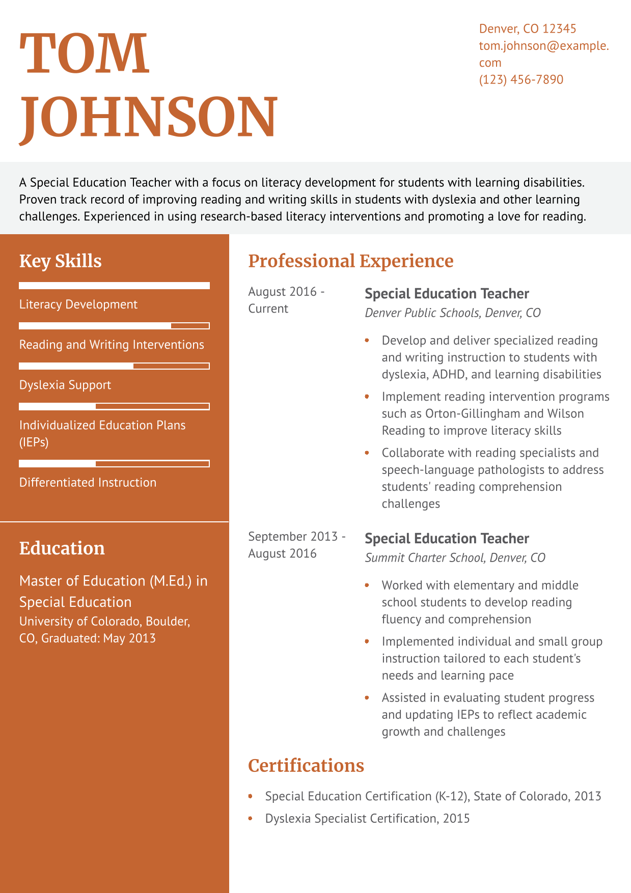 Special Education Teacher with Literacy Development Focus Resume Example