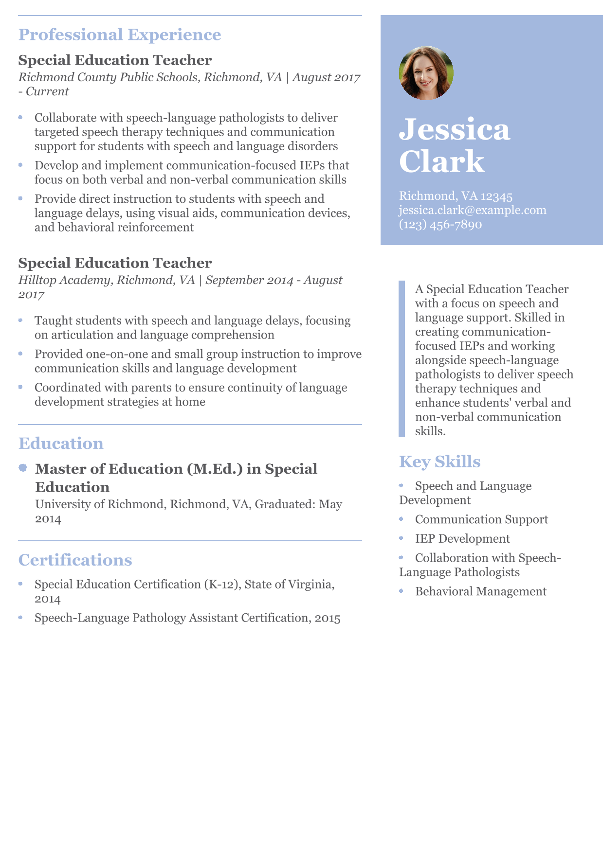 Special Education Teacher with Speech and Language Support Focus Resume Example