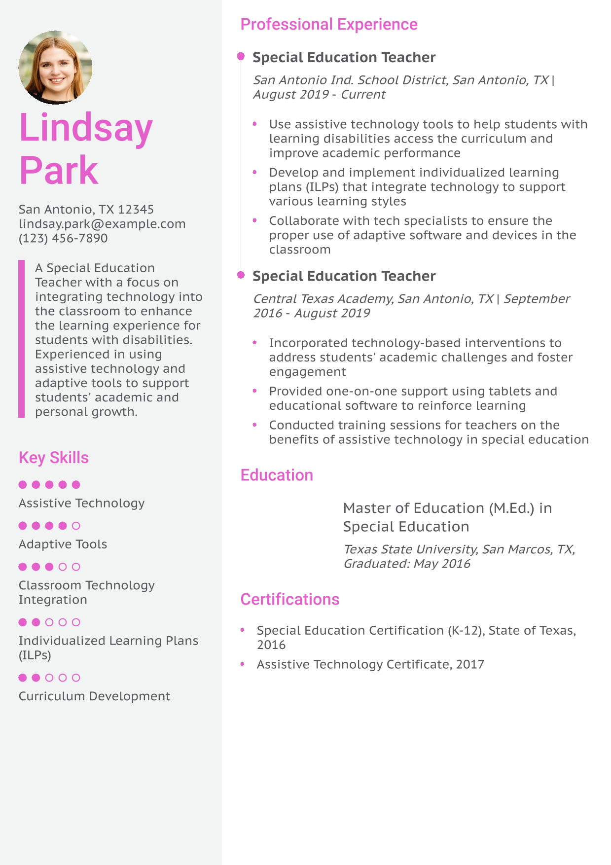 Special Education Teacher with Technology Integration Expertise Resume Example