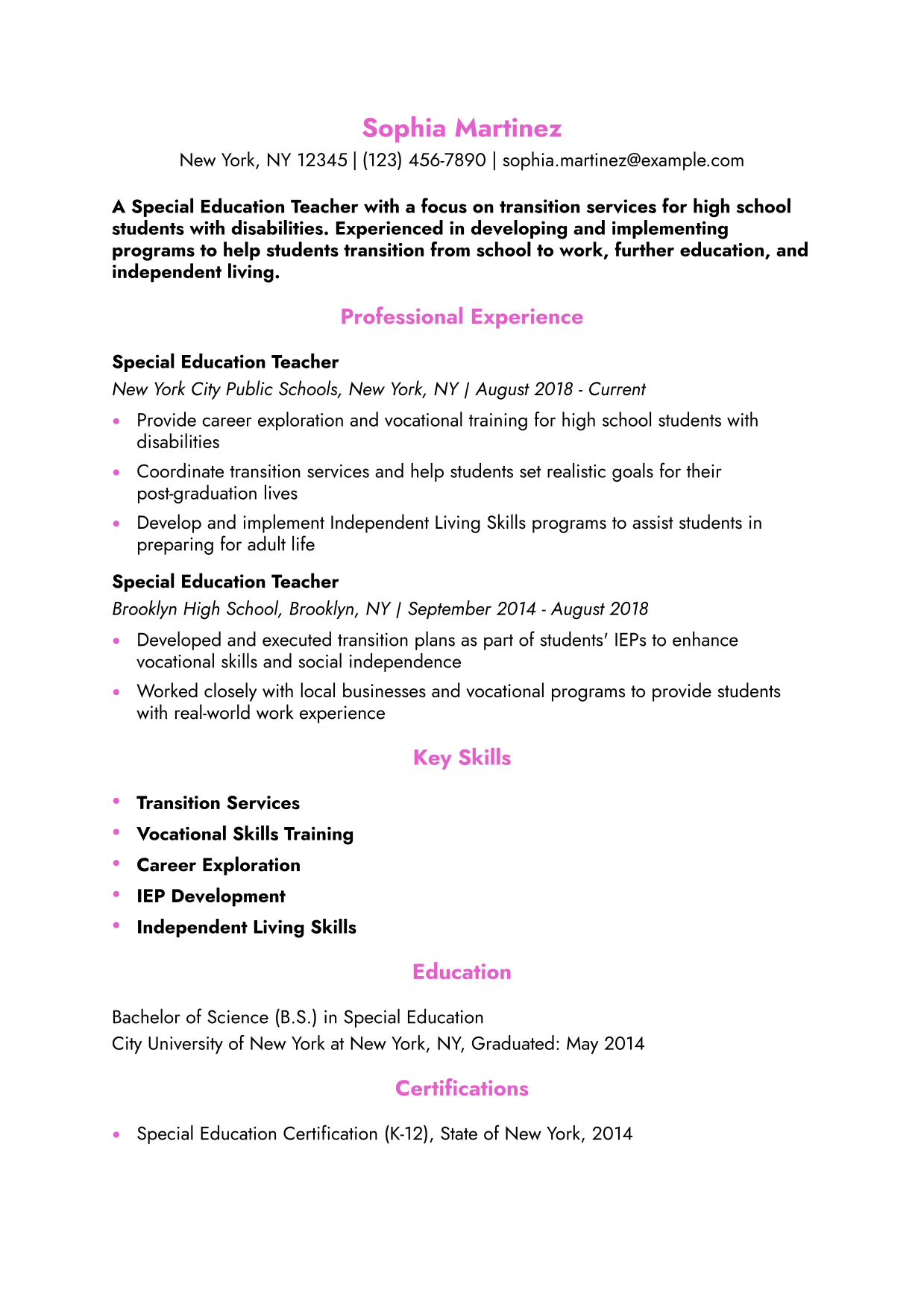 Special Education Teacher with Transition Services Experience Resume Example