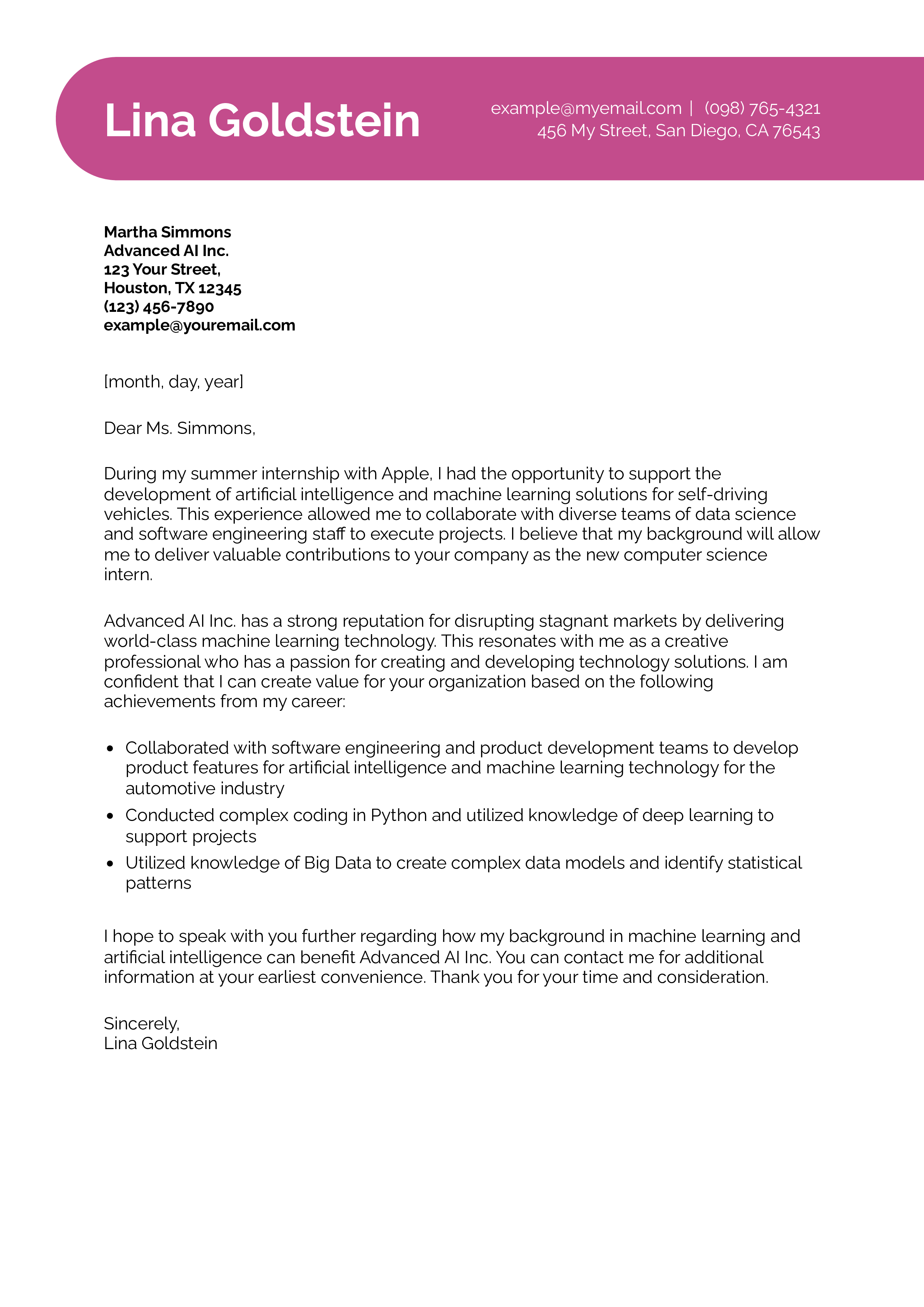 Computer Science Intern 2 Cover Letter