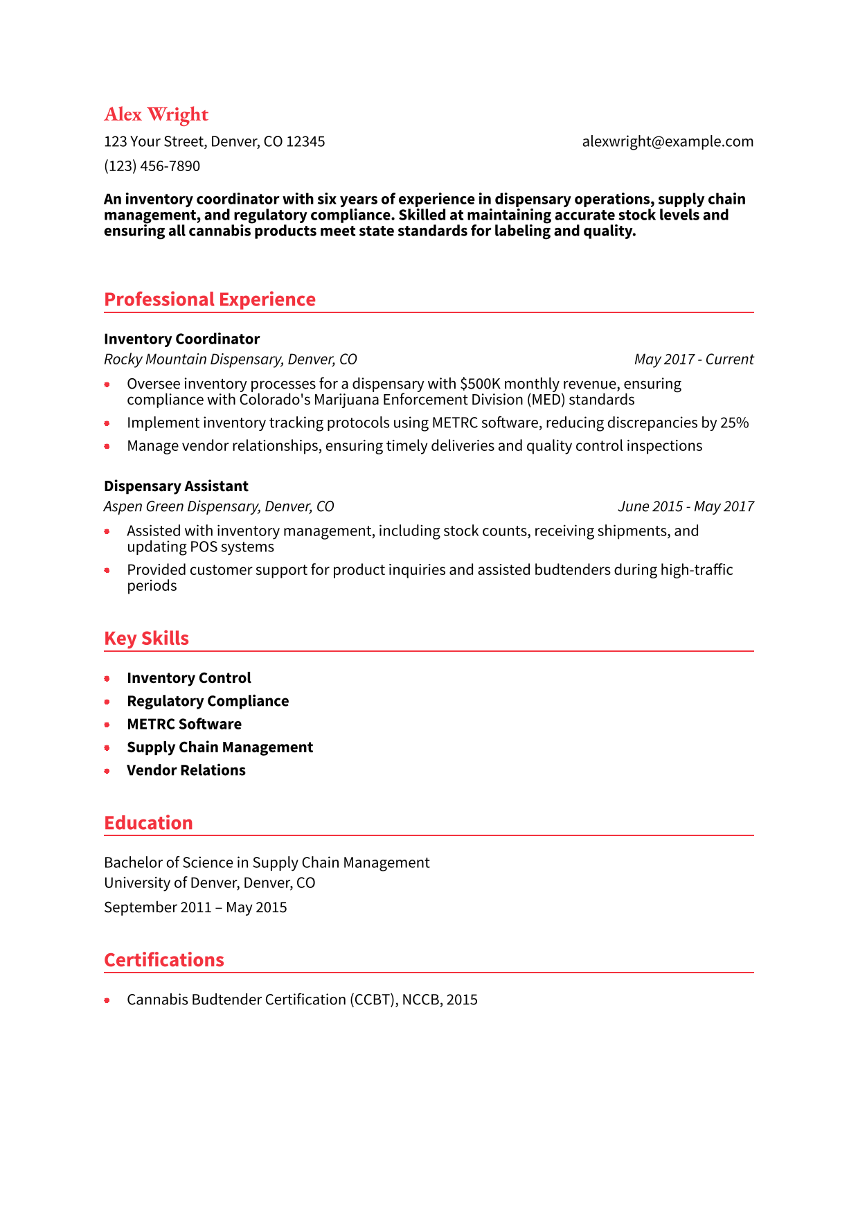 Dispensary Inventory Coordinator Resume Example