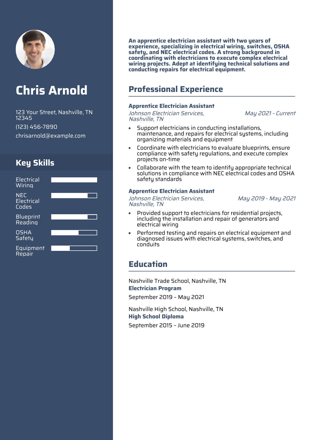 Entry-Level Electrician Assistant Resume Example