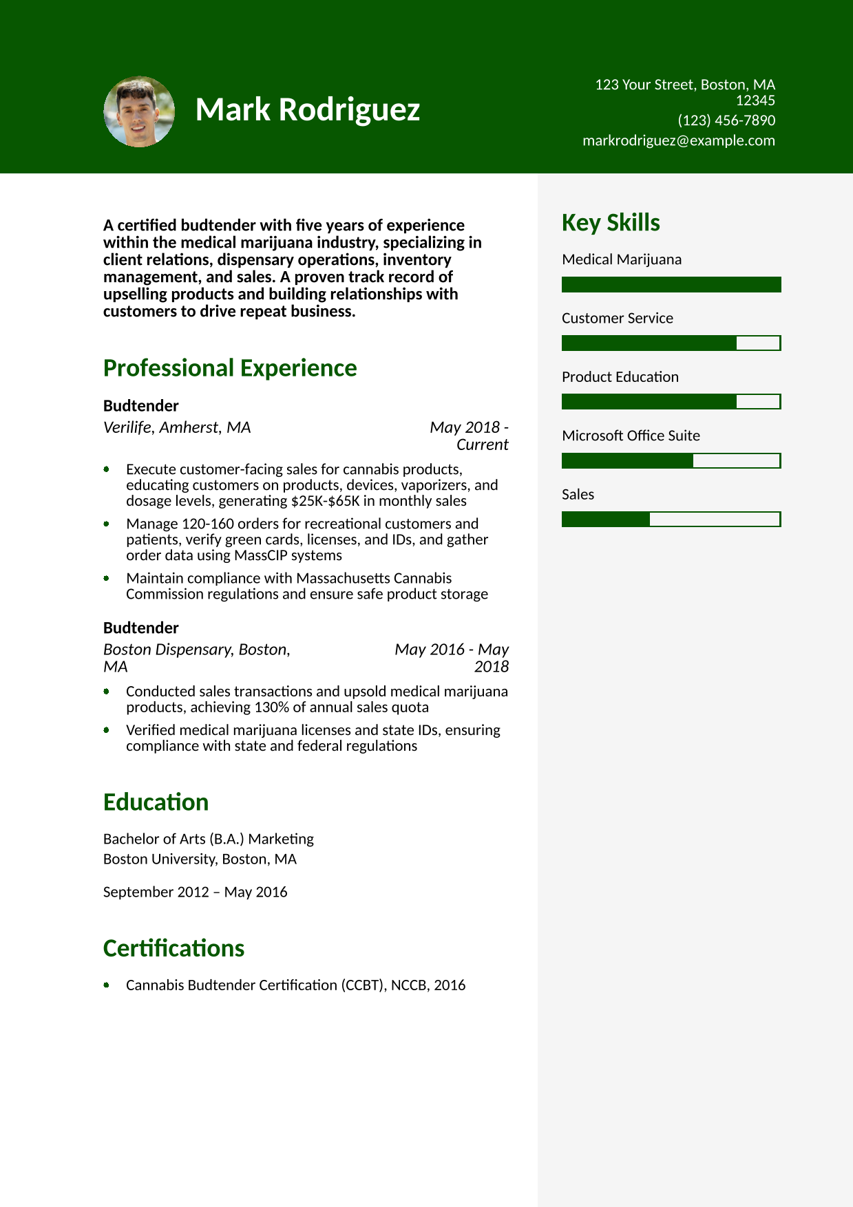 Experienced Budtender Resume Example