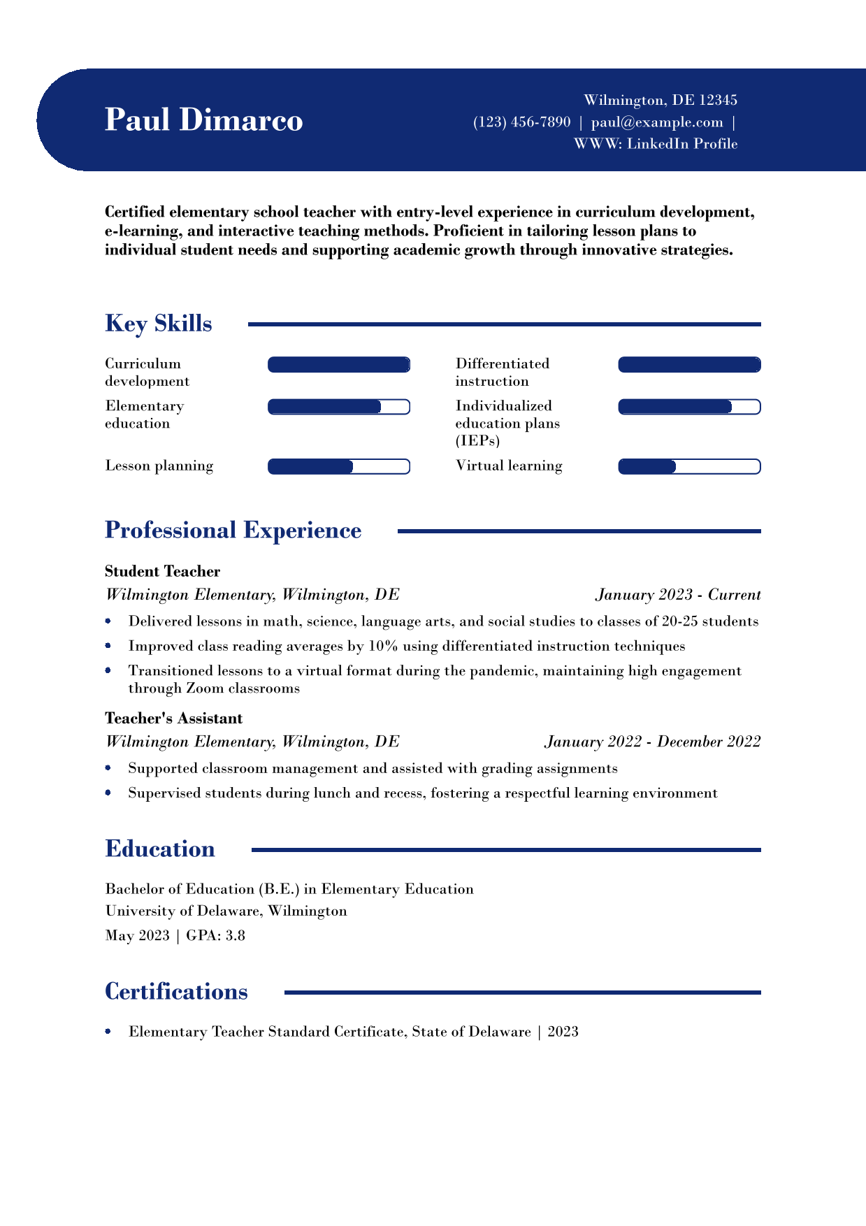 First-Year Elementary School Teacher Resume Example