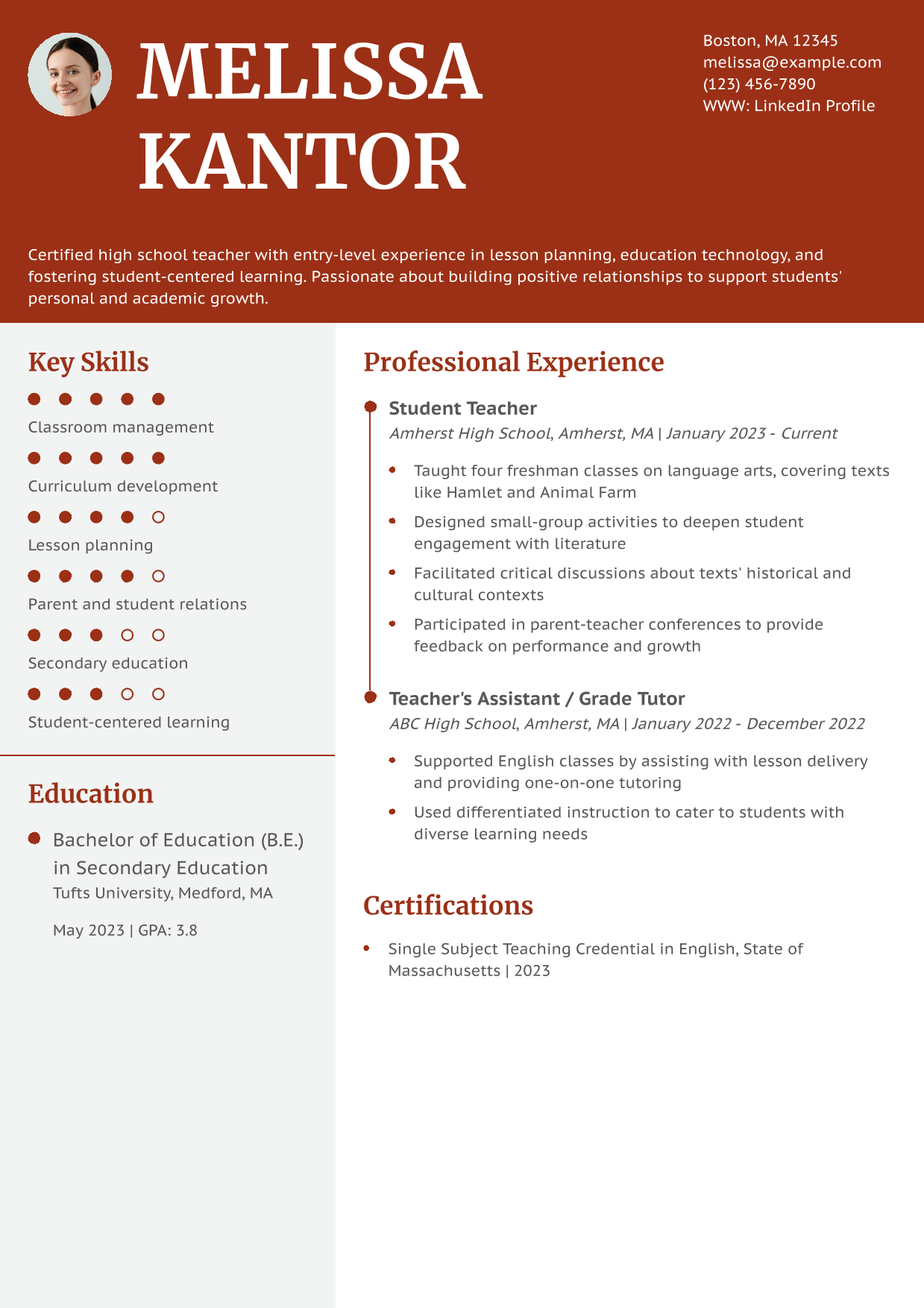 First-Year High School Teacher Resume Example
