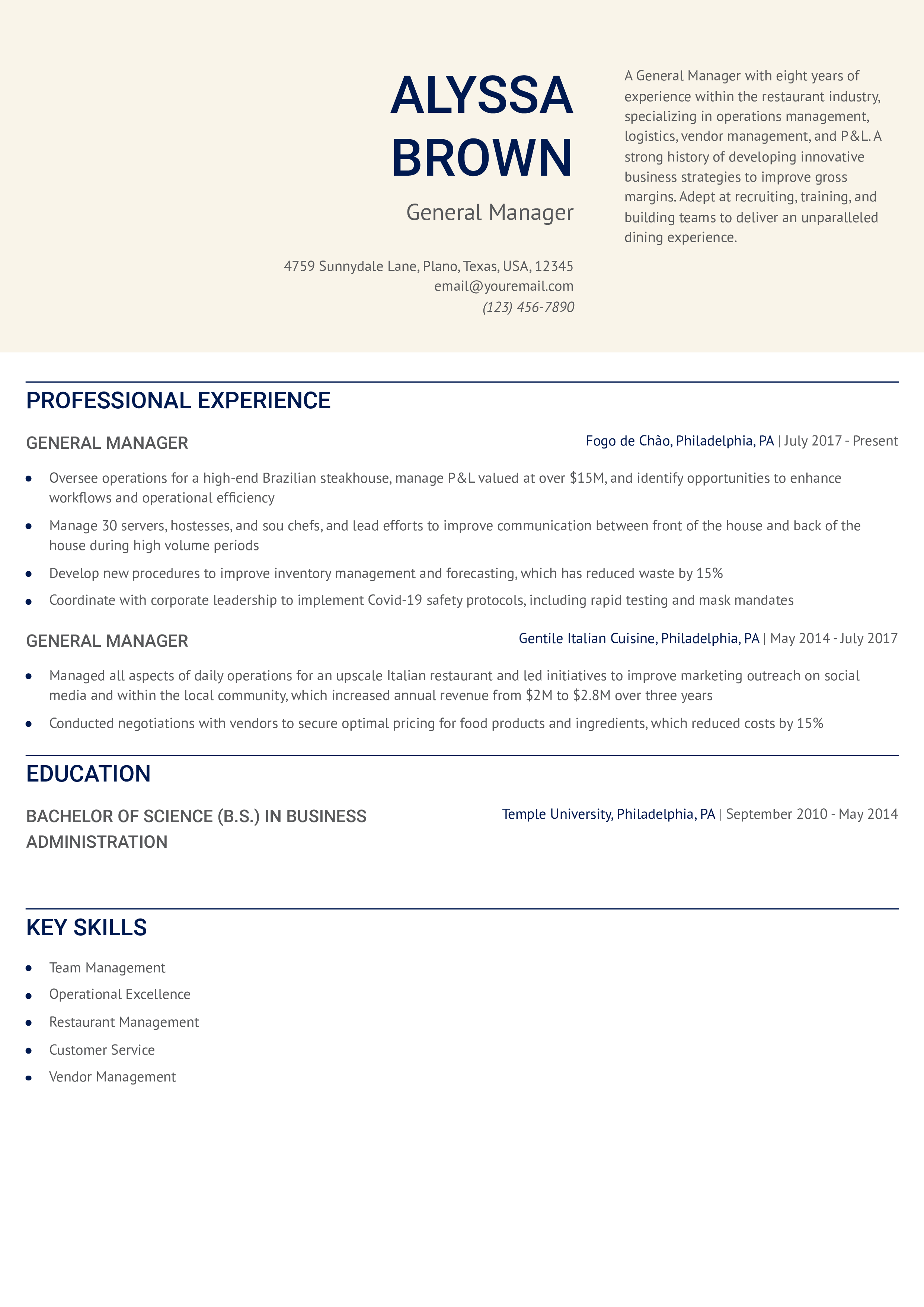 Restaurant General Manager Resume Example