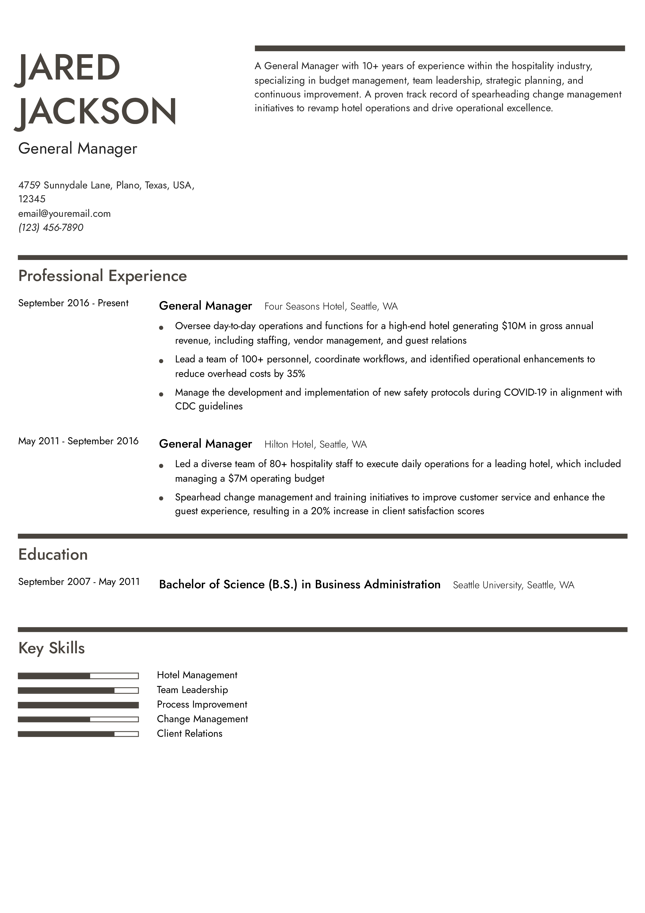 Hospitality General Manager Resume Example