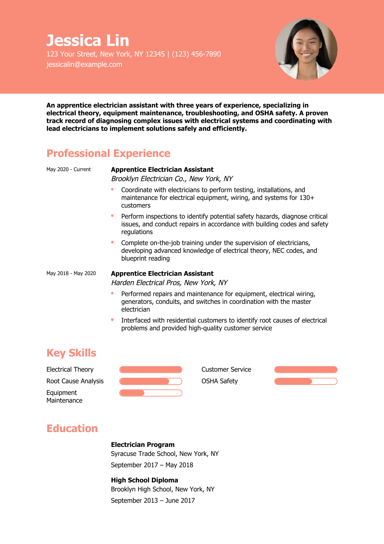 Intermediate Electrician Assistant Resume Example
