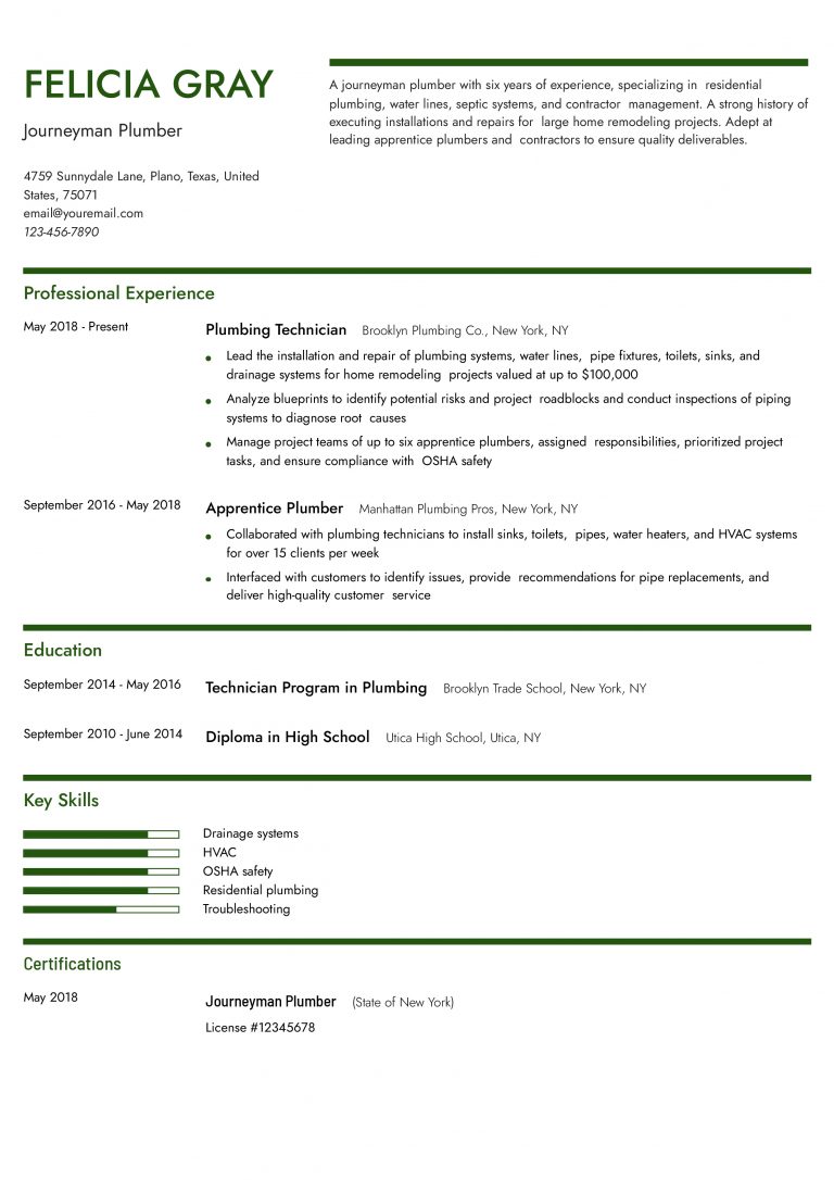 Plumber Resume Examples And Templates For Resumebuilder Com
