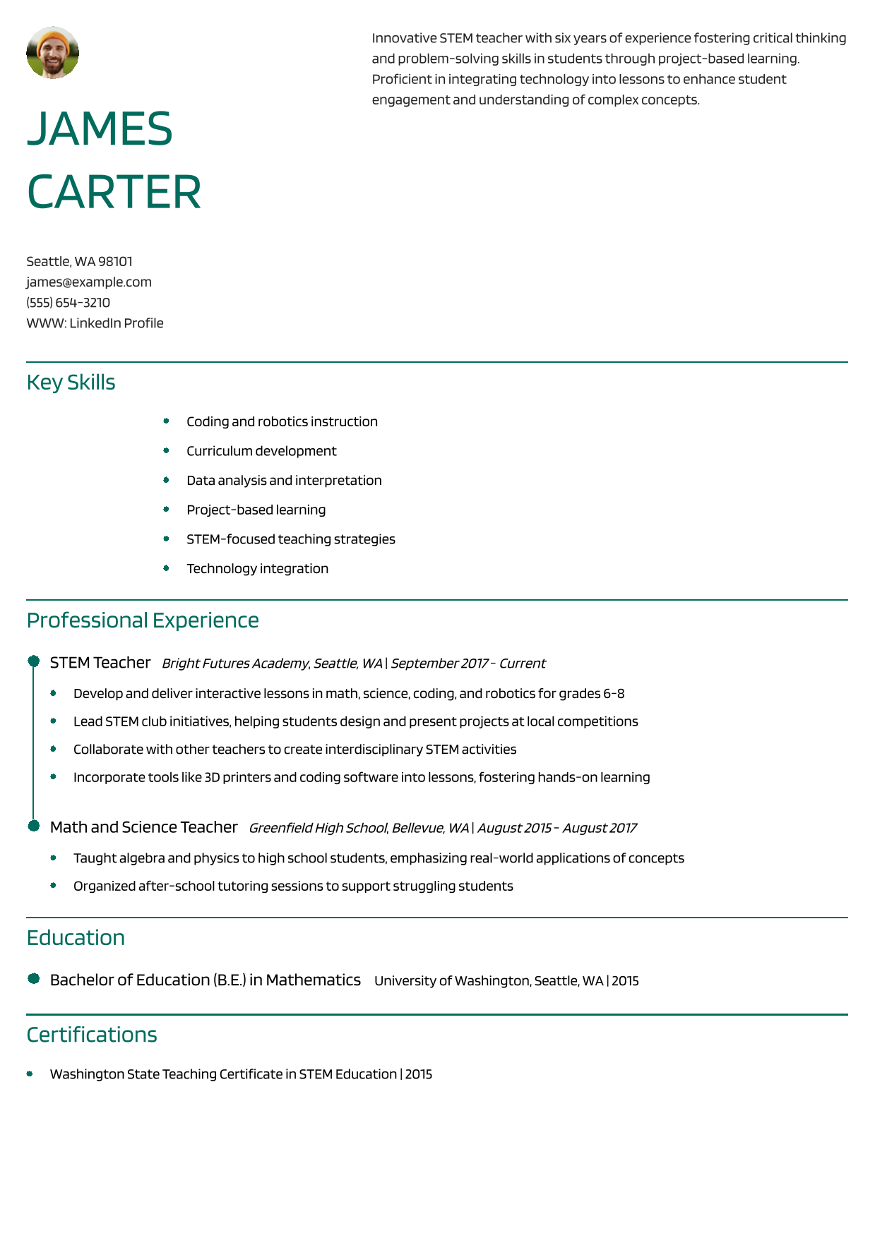 STEM Teacher Resume Example