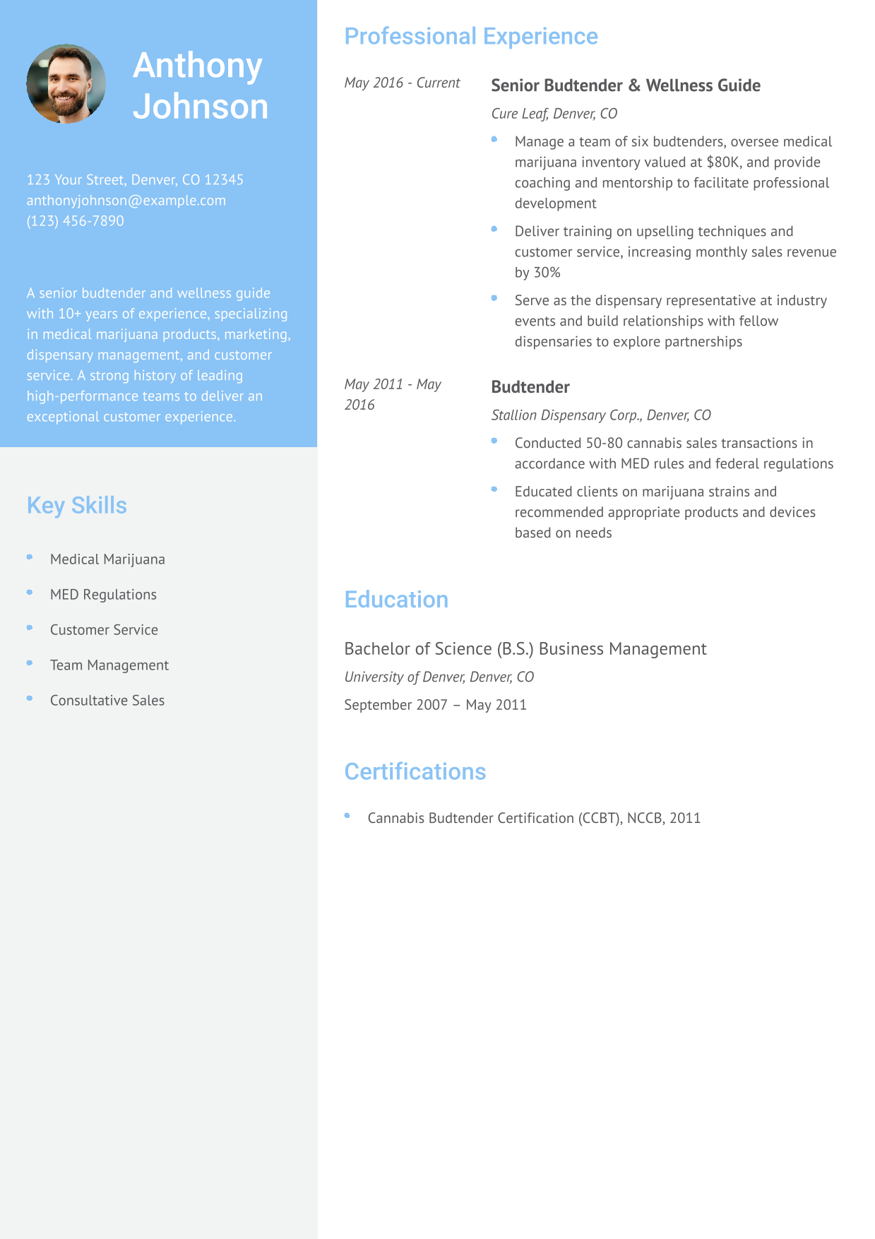 Senior Budtender and Wellness Guide Resume Example
