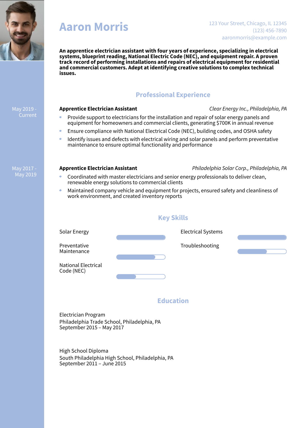 Solar Energy Electrician Assistant Resume Example