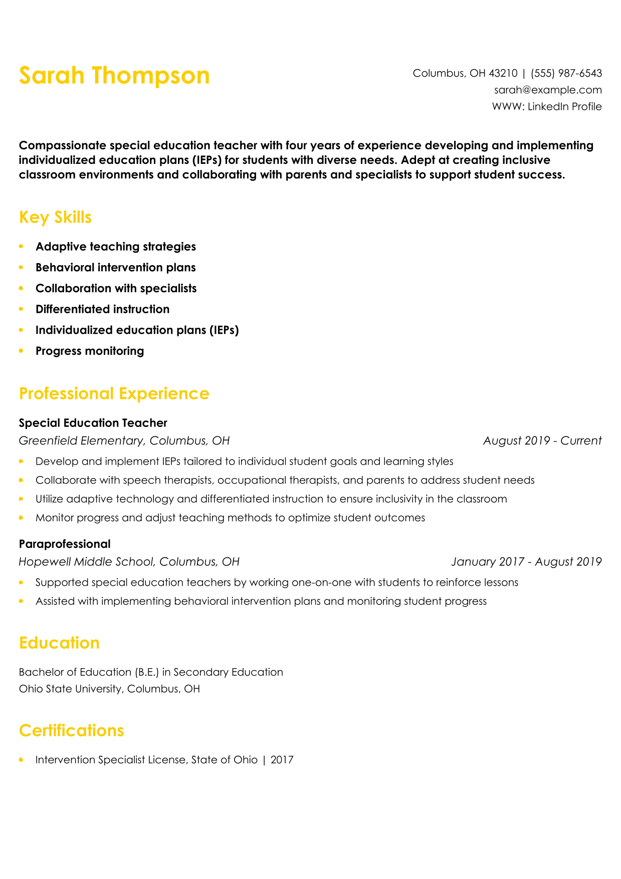 Special Education Teacher Resume Example