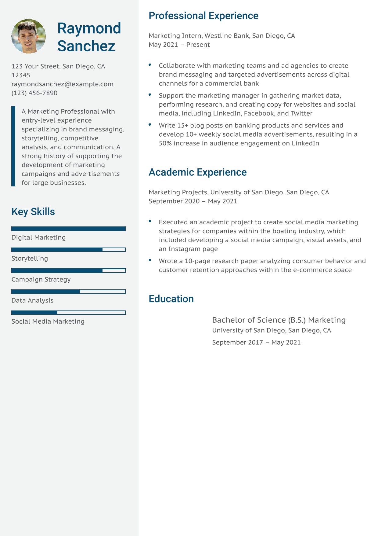 Brand Messaging Marketing Intern Resume Example