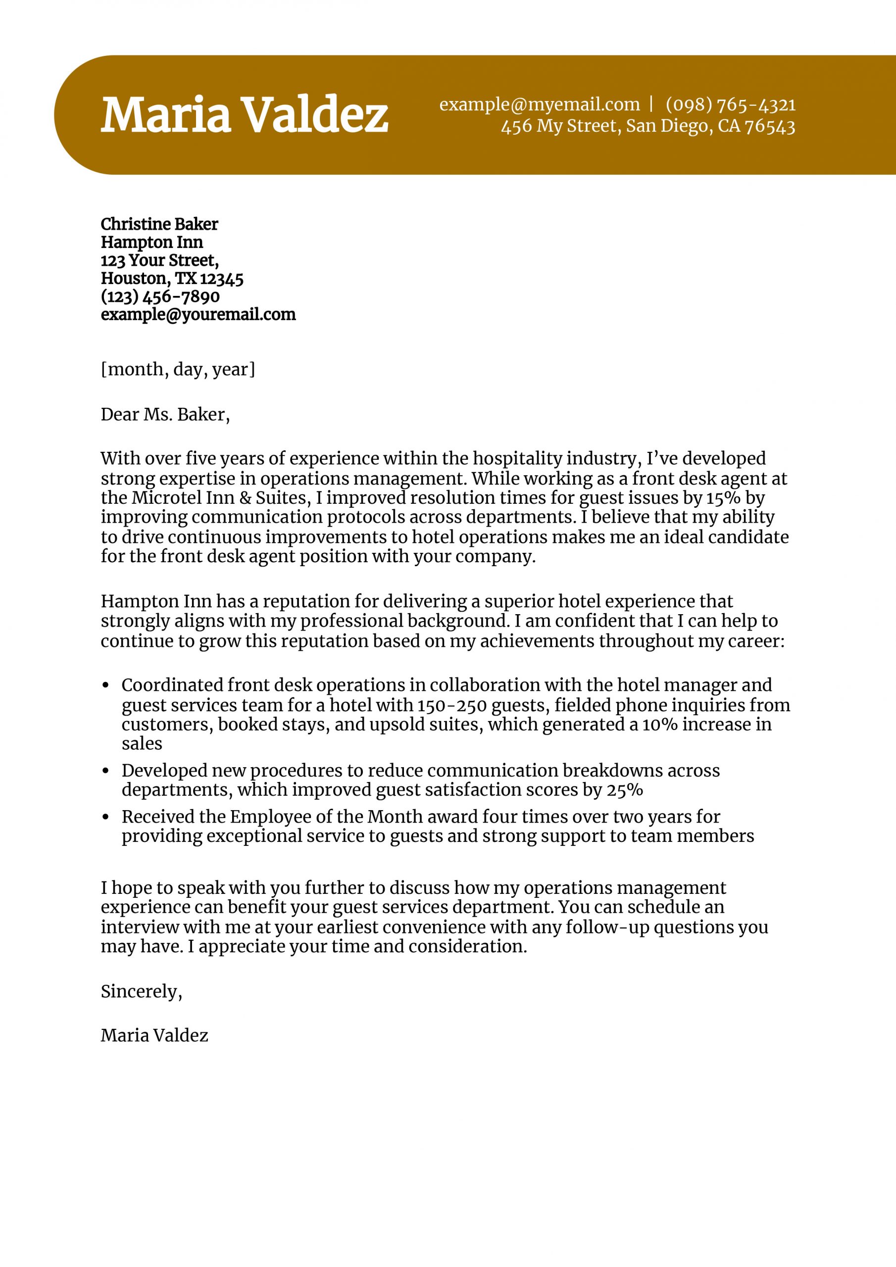 Hotel Front Desk Cover Letter Examples and Templates for 2025
